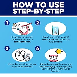 Secure Daily Cleansing Tablets - pH 9 Formula Thoroughly Cleans Dentures - Fights Odors, Stains & Germs - For Dentures, Nightguards, Retainers & Partials - 32 Tablets (3 Pack)