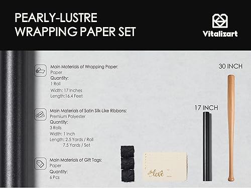 Miniatura 2 de Vitalizart Juego de papel de regalo negro de 17 pulgadas con cinta de satén similar a la seda y etiquetas de regalo, envoltura de regalo de Navidad,