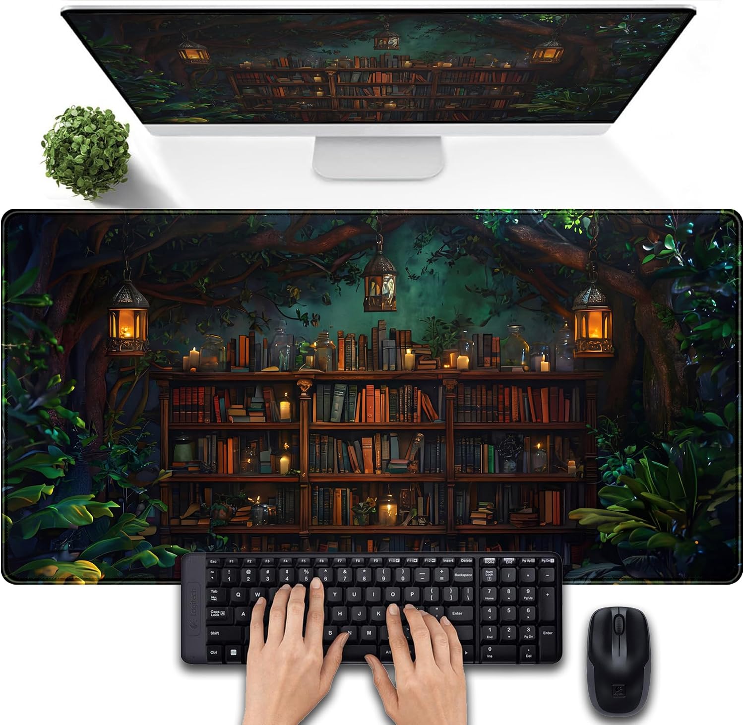 Large Desk Pad Anime Mouse Mat, Extended Gaming Mouse Pad Forest Library Keyboard Pad, Computer Desktop Pad Full Desk Mat XXL, Magical Cottagecore Decor for Office Laptop 31.5x15.7 Inch