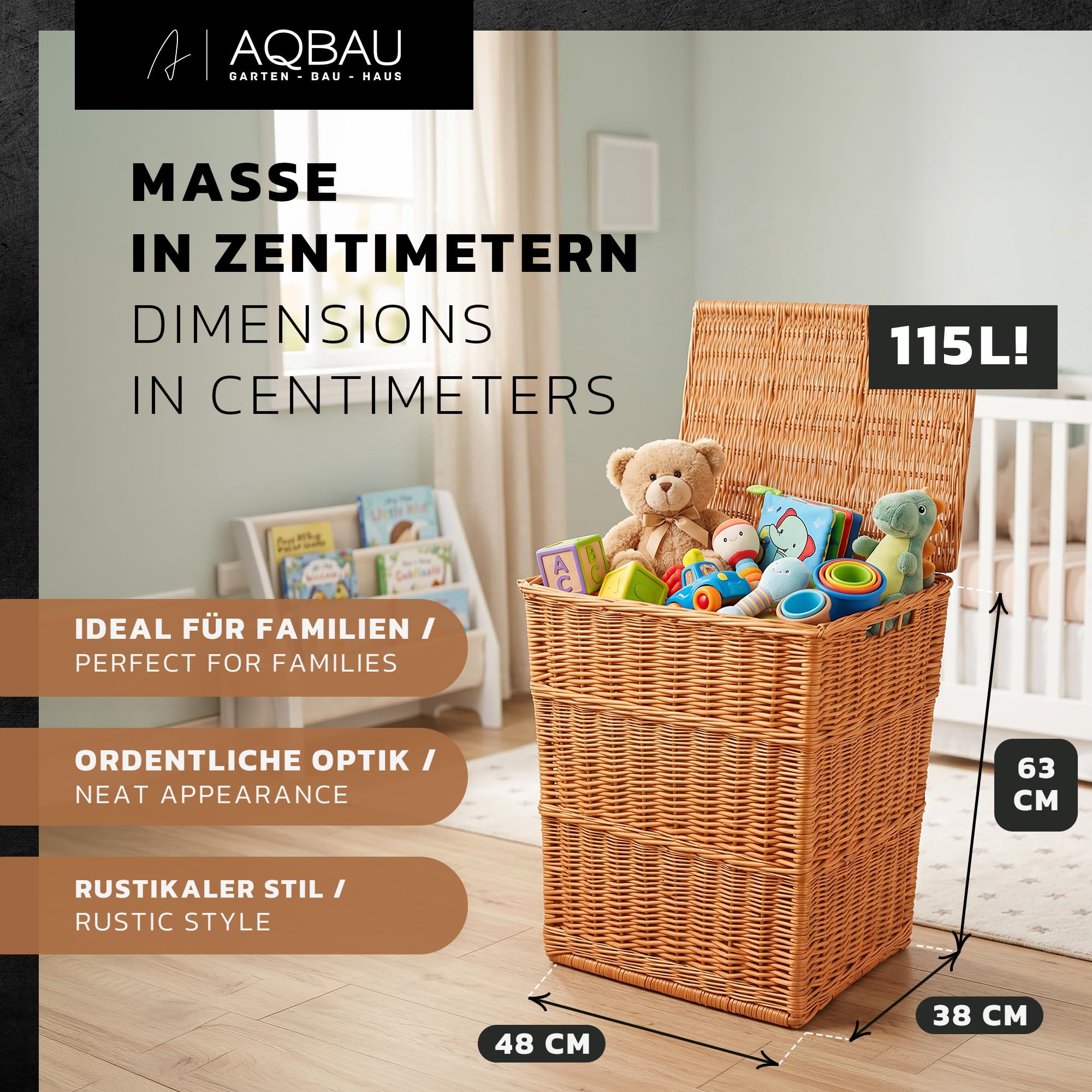 Wäschekorb aus Weide mit Deckel 63x48x38 cm eckig XXL | Natürliche Weide, großes XXL Format, Deckel, eckige Form für Bad, Schlafzimmer und Hauswirtschaftsraum
