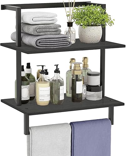 Toallero montado en la pared para baño, soporte de almacenamiento de baño, estante de toalla de madera de acero de 3 niveles con barra, negro