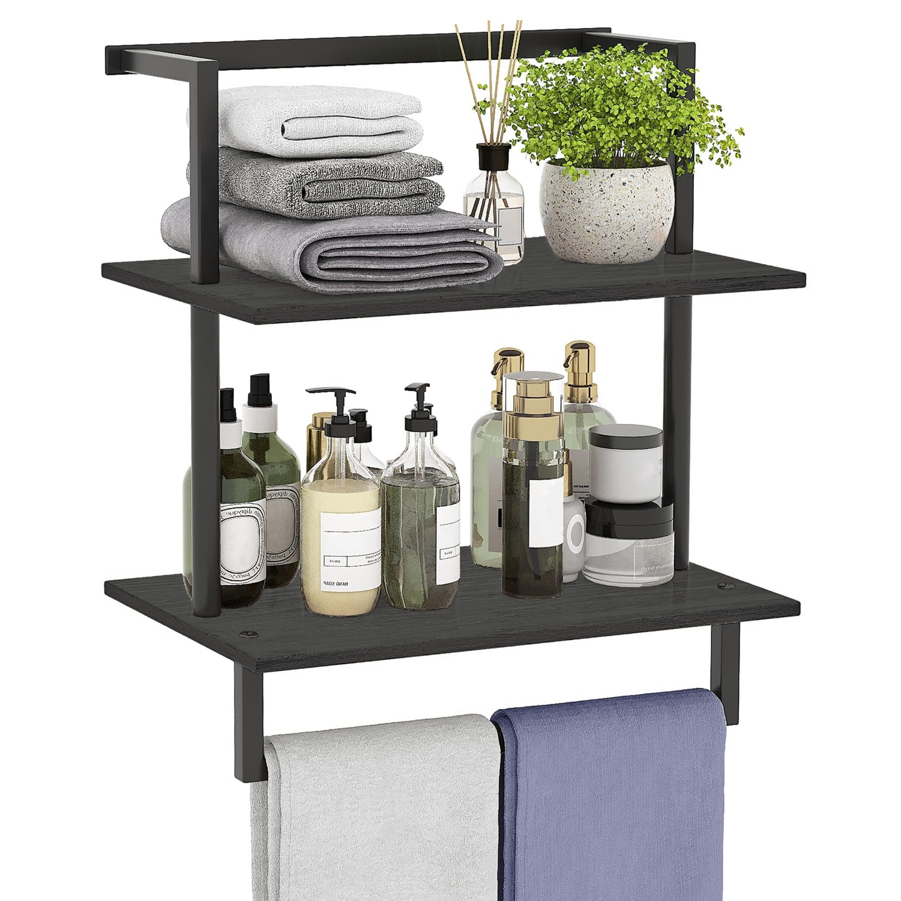 yeavs Wall Mounted Towel Rack for Bathroom, Bath Storage Holder 3-Tier Steel Wood Towel Shelf with Bar, Black