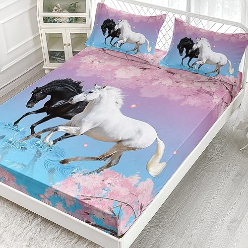 Miniatura 2 de Juego de Sábanas de Caballos para Niños Sábana Ajustable con Estampado de Caballo al Galope 3PC Juego de Ropa de Cama de Pétalos de Flores de Cerezo
