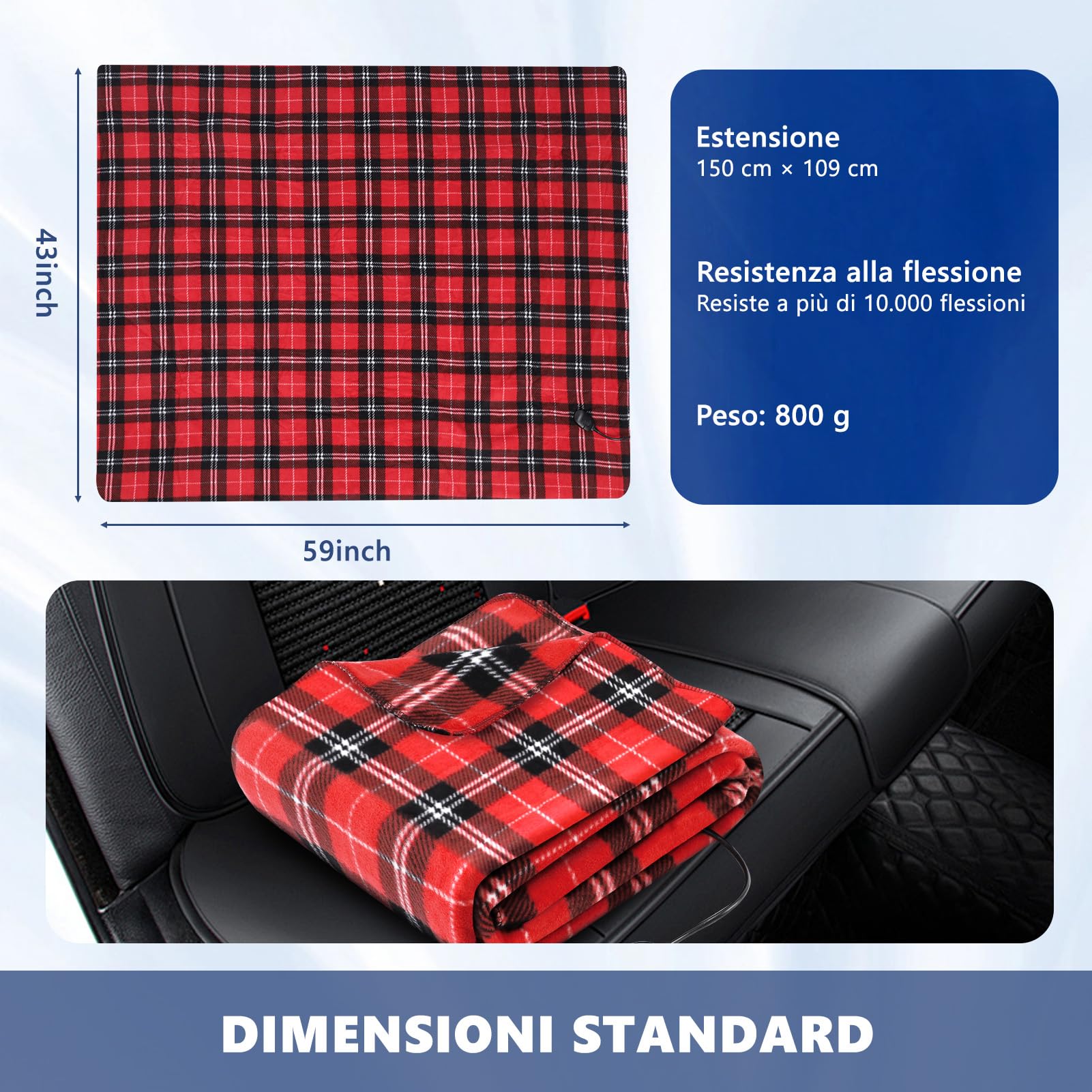 Coperta elettrica per auto, 12 V/24 V, coperta da viaggio con 3 livelli di calore e timer, coperta termica in pile lavabile con cavo lungo 2 m, per auto, camion, viaggi, pause, all'aperto