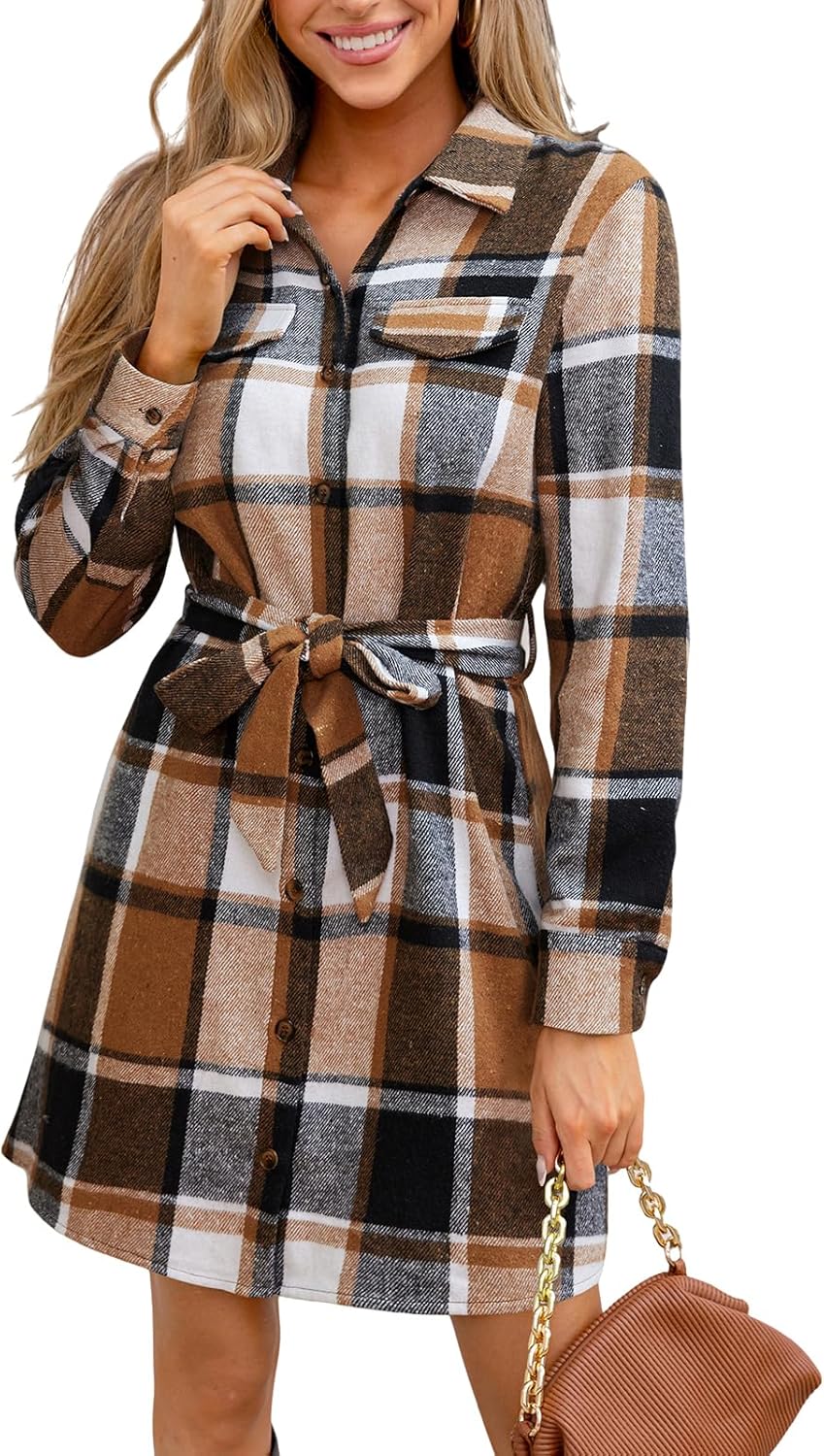 CUPSHE Women's Mini Fall Dresses Button Long Sleeves Plaid Belted Casual Short A Line Shirt Dress