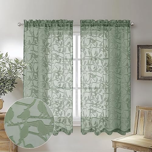 Vista 75 de OVZME - Anji Cortinas semitraslúcidas de gasa, ligeras, vaporosas, privacidad, textura, bolsillo barra doble, pájaros recortados, dormitorio, sala