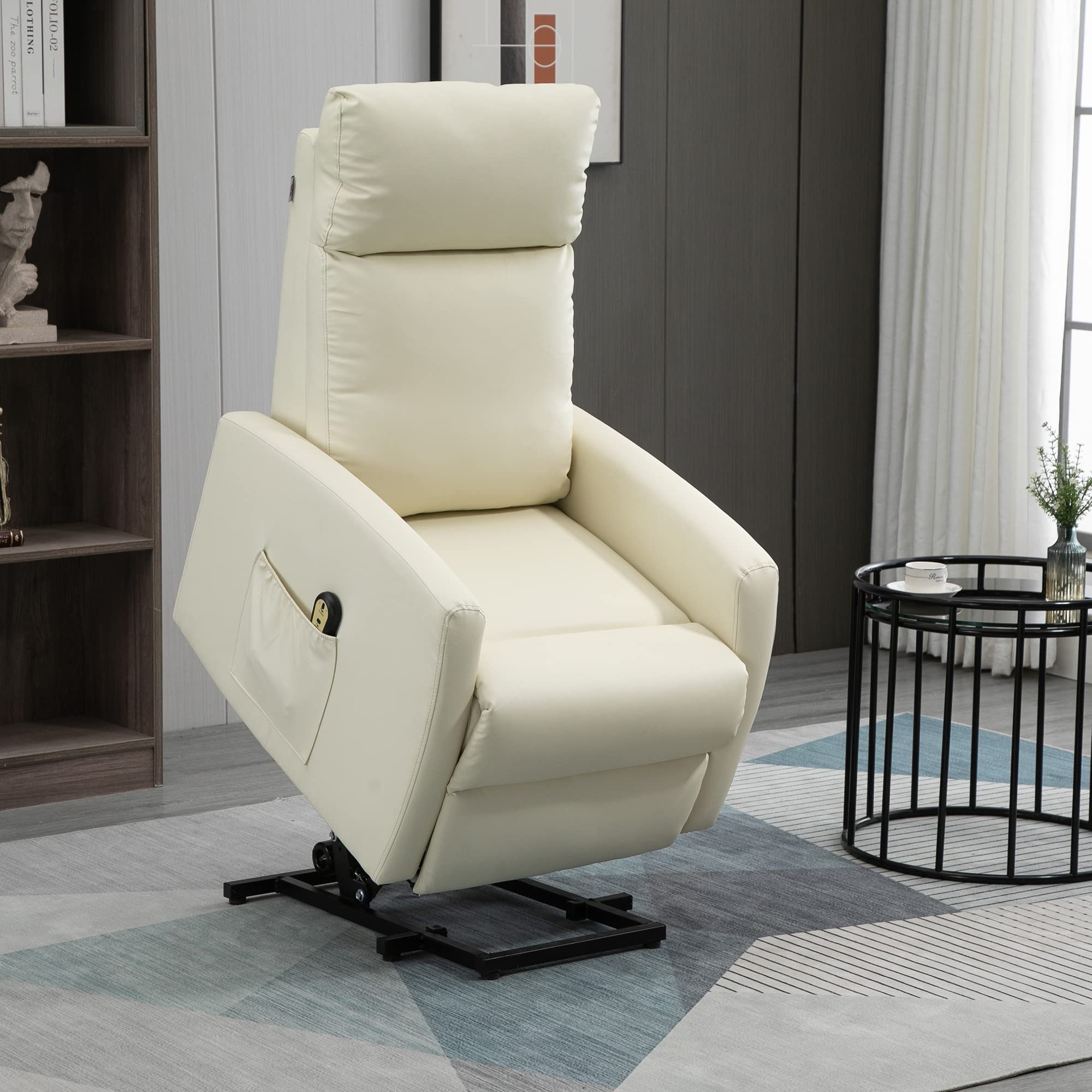 HOMCOM Poltrona Elettrica Alzapersona 45° 67x95x105 cm Crema | Reclinabile a 145° in Pelle PU, Poltrona Relax Elettrica, Poggiapiedi, Telecomando