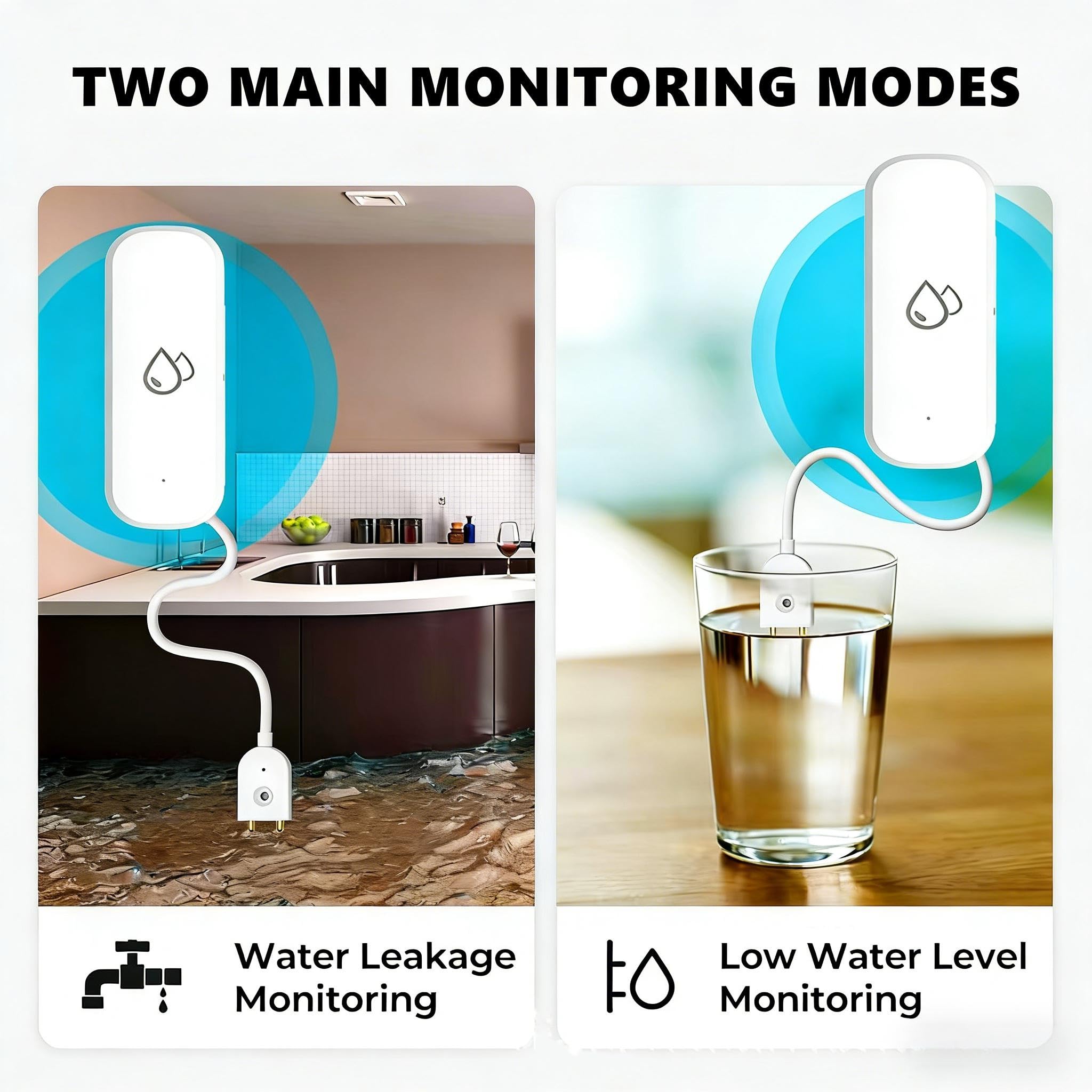 Mengshen 2er Pack WiFi Wasserleck & Wasserstand Detektor 2-in-1 Tuya Smart Sensor Alarm mit APP Alarm Niedriger Batterie Warnung für Keller Küche