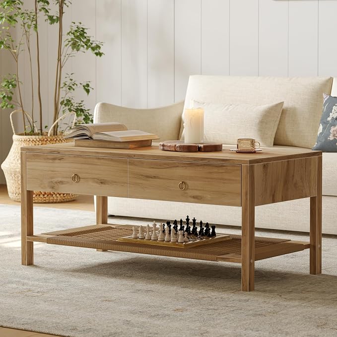 Dowinx Boho Coffee Table with Storage, 42" Wood Coffee Table for Living Room, 2 Storage Drawers and Open Rattan Shelf, Rectangular Living Room Coffee Tables Oak