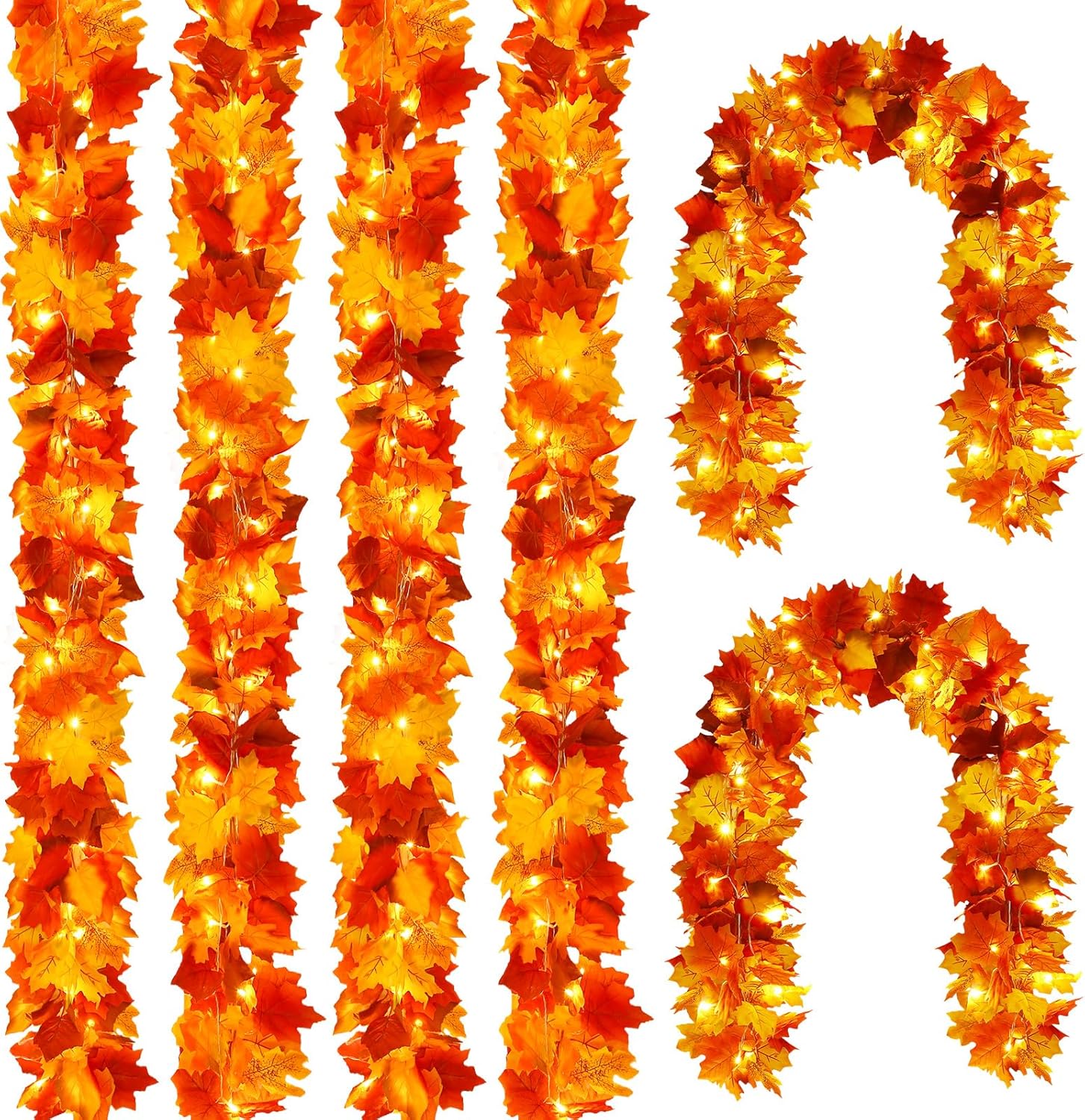 Joyhalo 6 Pack Fall Garland with Lights, Fall Leaves for Mantle, Outdoor Lighted Up Leaf Garland Autumn Decor with 6.5FT LED String Lights, Hanging Maple Leaves for Door, Thanksgiving Decor