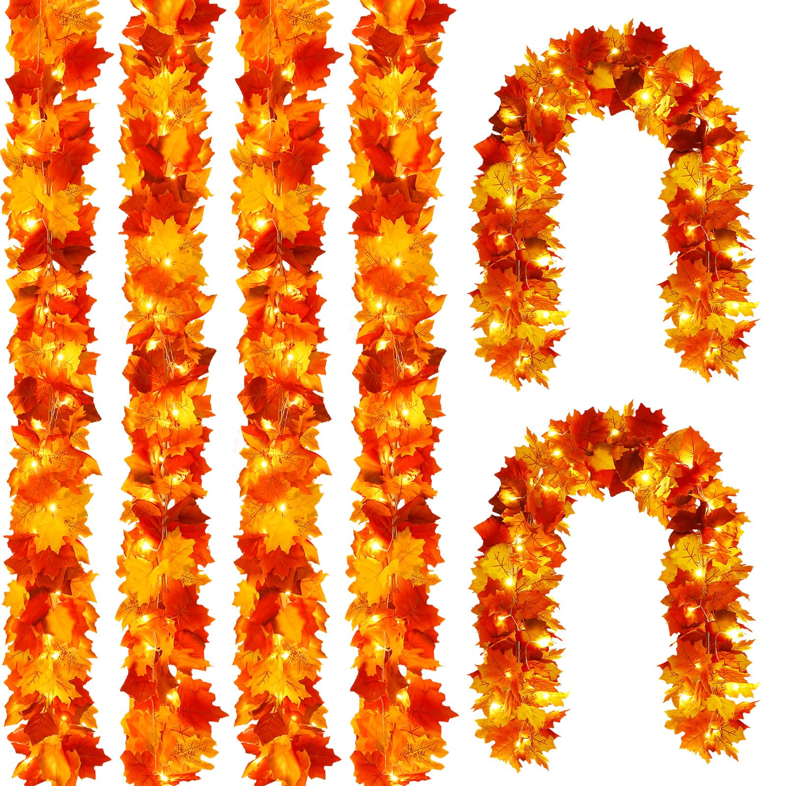 Joyhalo Paquete de 6 guirnaldas de otoño con luces, hojas artificiales de otoño, decoración de otoño con cadena de luces LED de 6.5 pies, hojas de arce colgantes para mantel, marco de puerta, chimenea