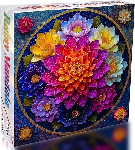 Miniatura 2 de Bgraamiens Rompecabezas de 1000 piezas de mandala coloridos para adultos, hermosos rompecabezas florales en gotas de agua, rompecabezas de arte para