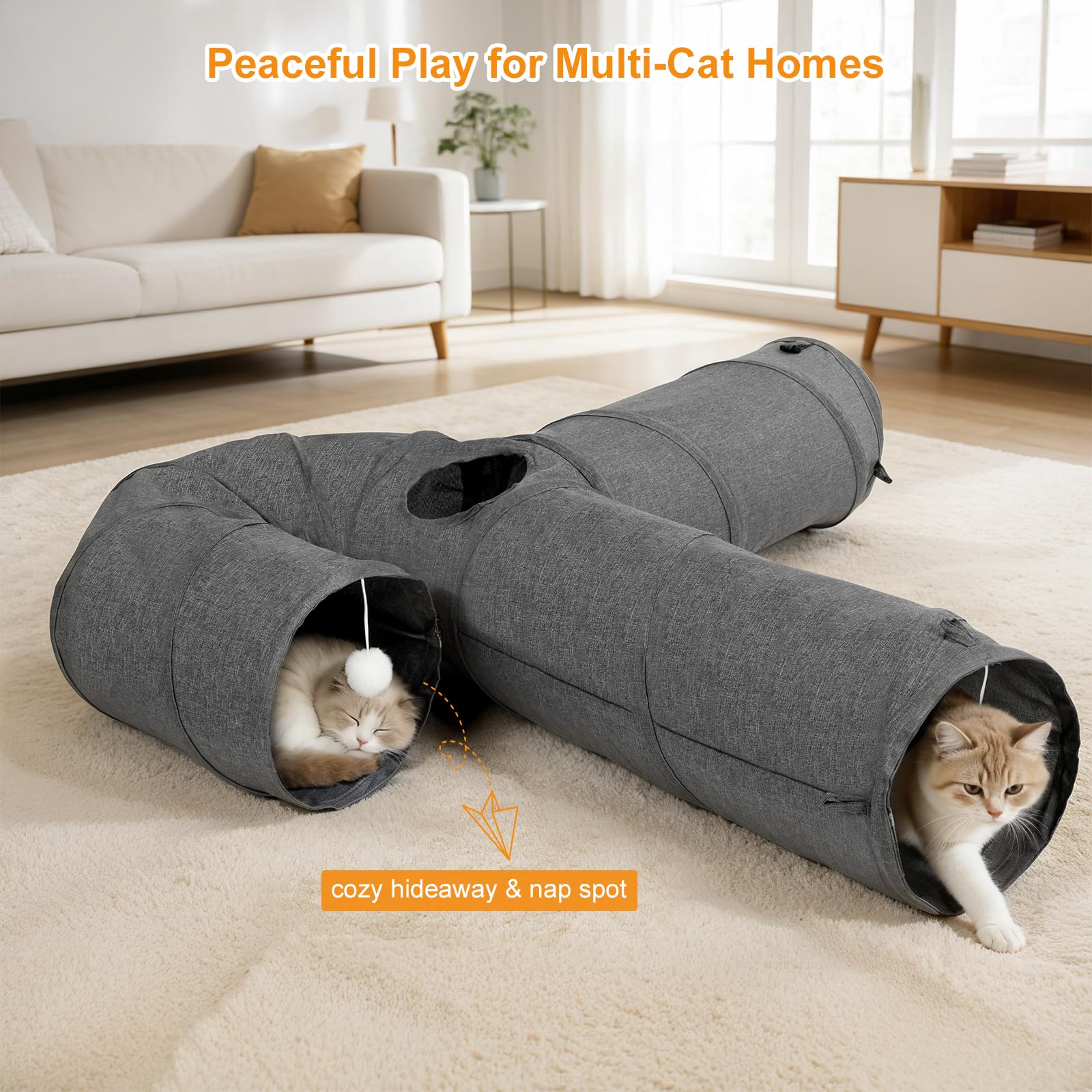 Ownpets Tunnel per gatti, materiale in tessuto con palla e teaser, espandibile e pieghevole, tunnel da gioco per gatti, cuccioli, conigli, grigio
