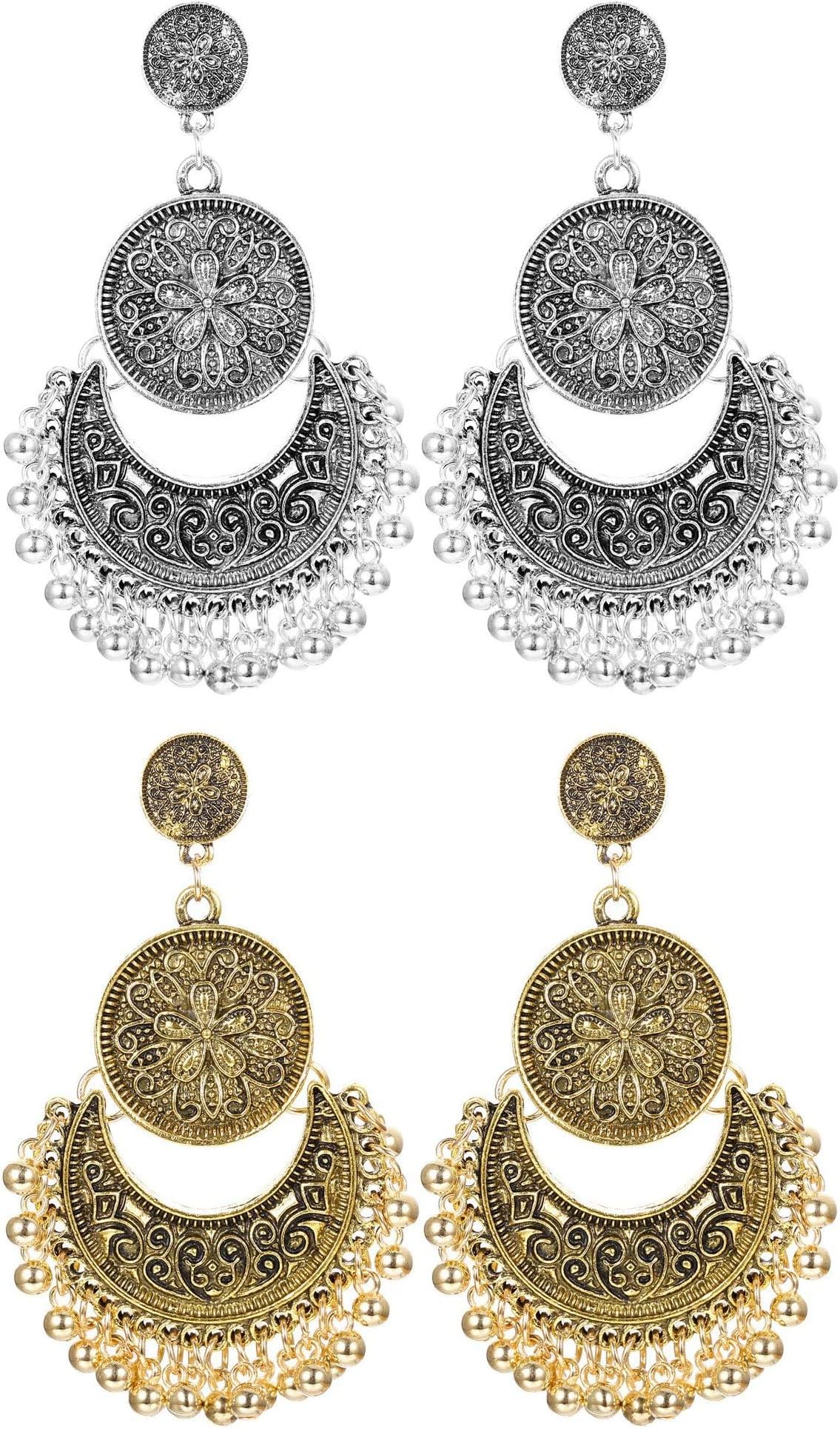 Finrezio2Pairs Traditional Ethnic Bali Jhumka Jhumki Brocade Lotus Mexico Gypsy Dangle Earrings for Women Girls