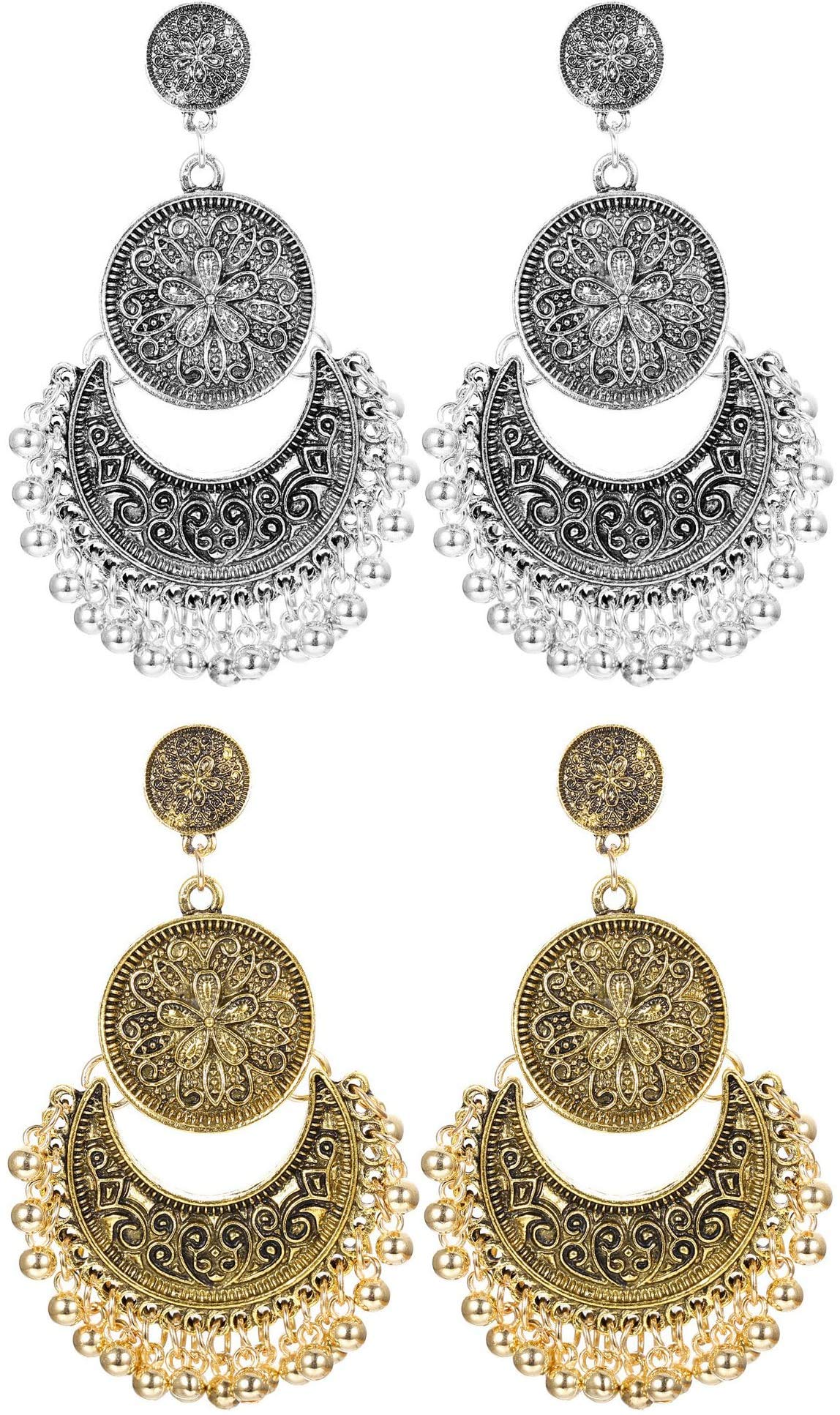 Finrezio2Pairs Traditional Ethnic Bali Jhumka Jhumki Brocade Lotus Mexico Gypsy Dangle Earrings for Women Girls