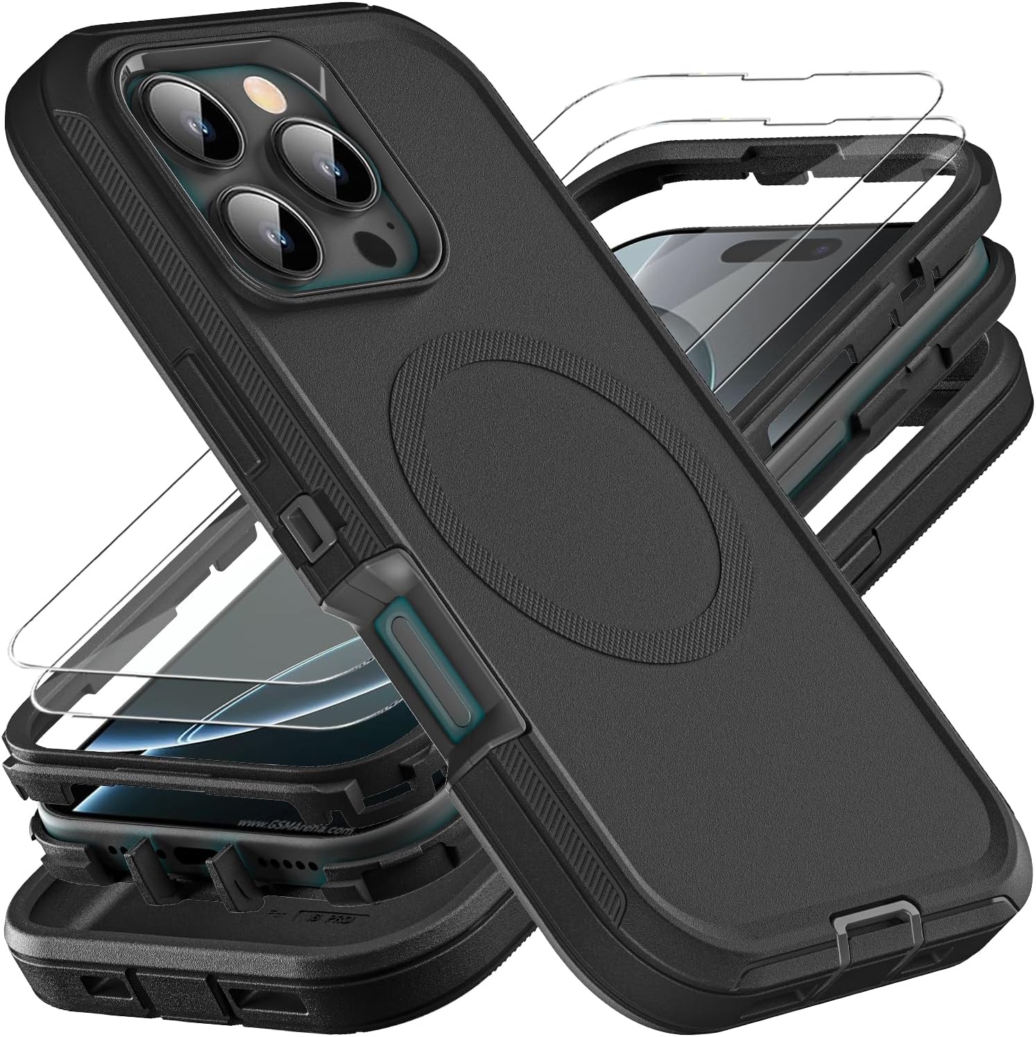 YKHJKLEC for iPhone 16 Pro Case, Military Grade 3 in 1 Heavy Duty Shockproof/Drop Proof/Dust Proof with Kickstand Case, with 2 x Tempered Glass Screen Protector & 1 x Wrist Strap (ZJ-Purple/Pink)
