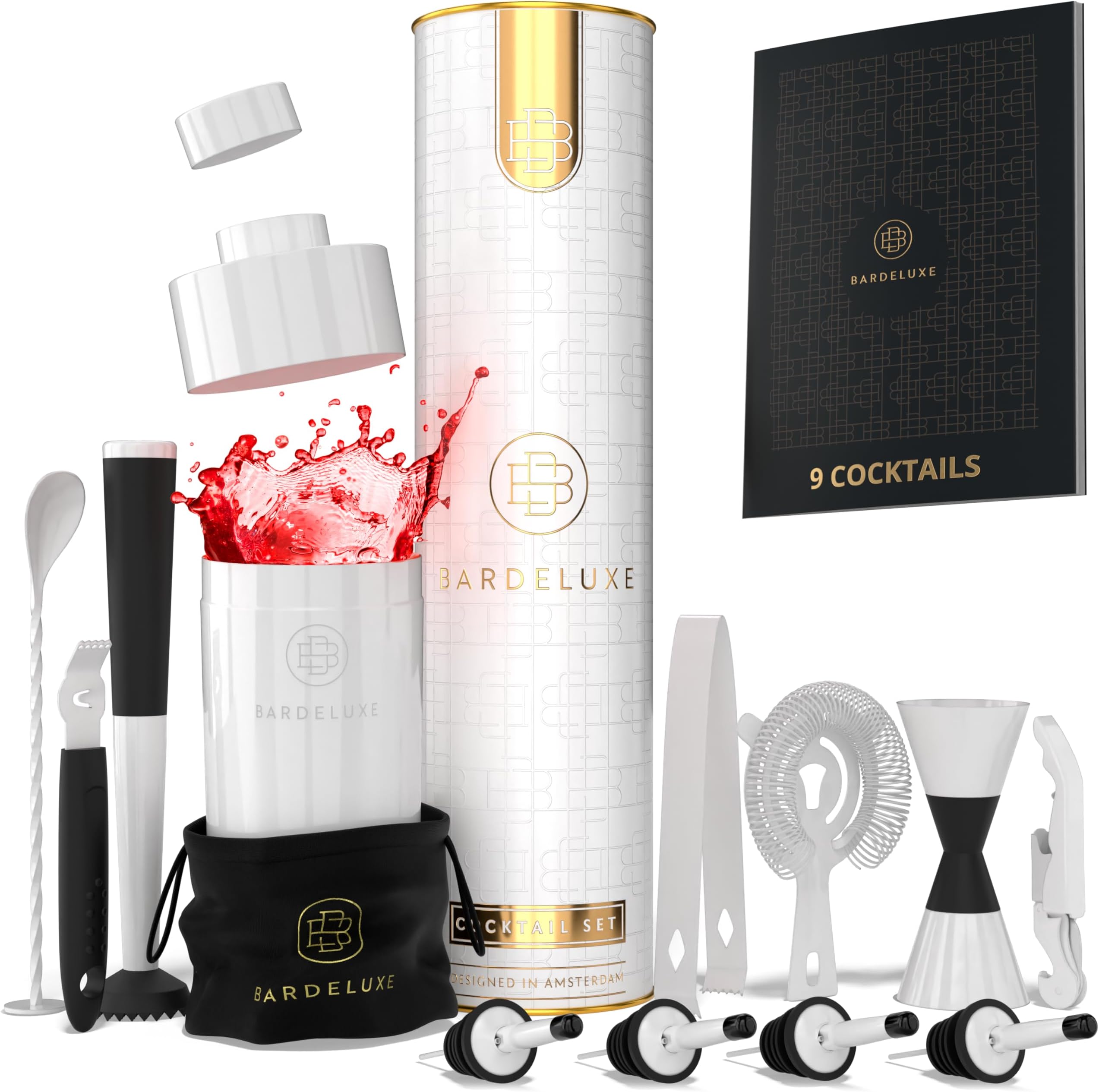 BarDeluxe® Pro Mixology Bartender Kit, 12-Piece Cocktail Shaker Set | Drink Shakers Cocktail Set, Bartending Kit, Bar Kit | Bar Kits for Bartender Home, Cocktail Kit, Bar Mixing Set, Bar Set (White)