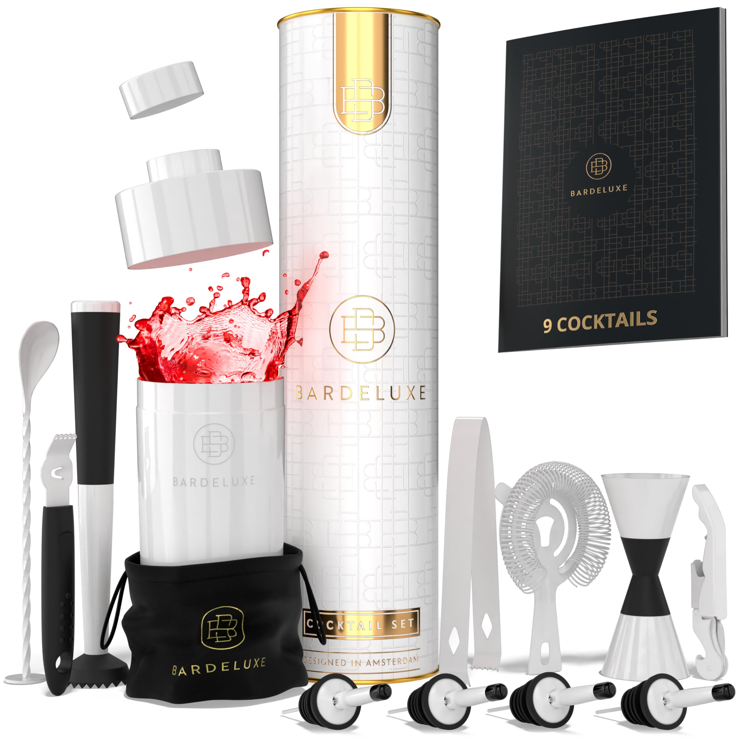 BarDeluxe® Pro Mixology Bartender Kit, 12-Piece Cocktail Shaker Set | Drink Shakers Cocktail Set, Bartending Kit, Bar Kit | Bar Kits for Bartender Home, Cocktail Kit, Bar Mixing Set, Bar Set (White)