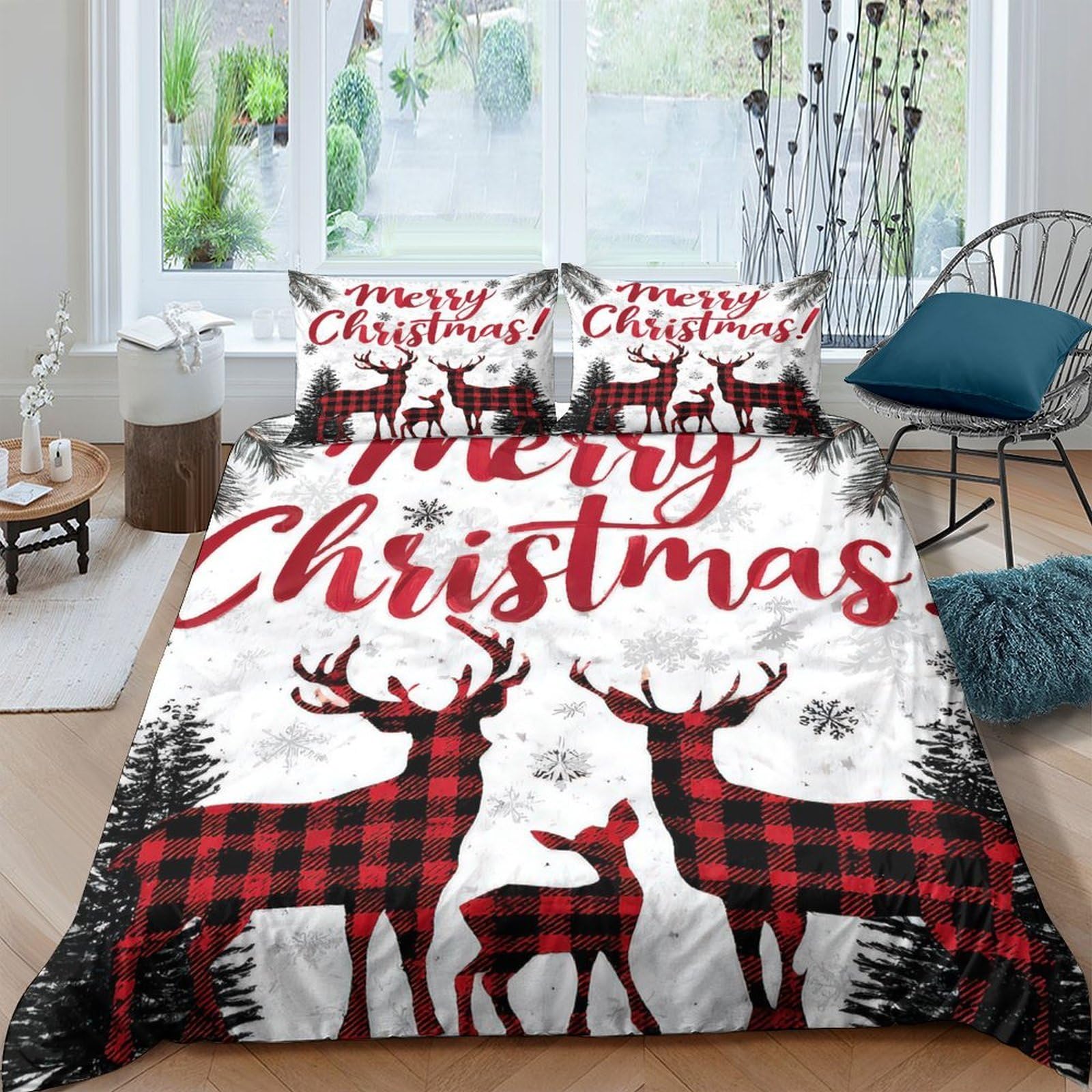 Ctjqhvkz Style-1 3D Printed Christmas Reindeer Fitted Sheet Microfiber Soft Red White Plaid Bed Cover For Bedroom Guest Room Decor Single（135X200cm）