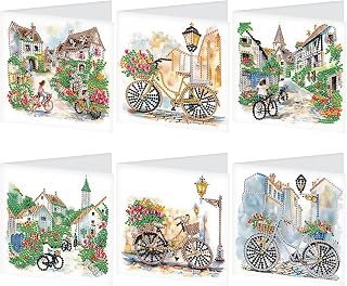 JISHSHAY 6 PCS Bicycle Diamond Painting Greeting Cards Town Diamond Art Birthday Cards with Envelopes Bike Gem Art Mosaic Kits for Adults, for Anniversary Valentine Thank You Graduation All Occasion
