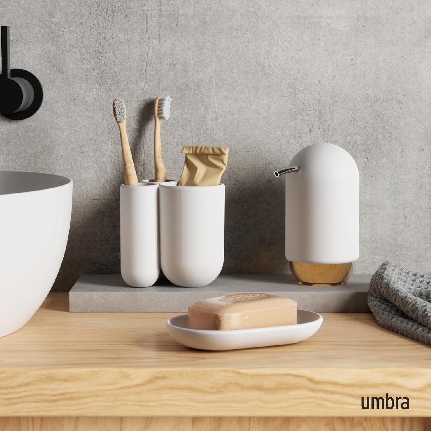 Umbra Touch Toothbrush Holder, 3-Compartment Toothpaste Organizer, White | Matte finish, easy to clean, compact design, durable material, recycled plastic