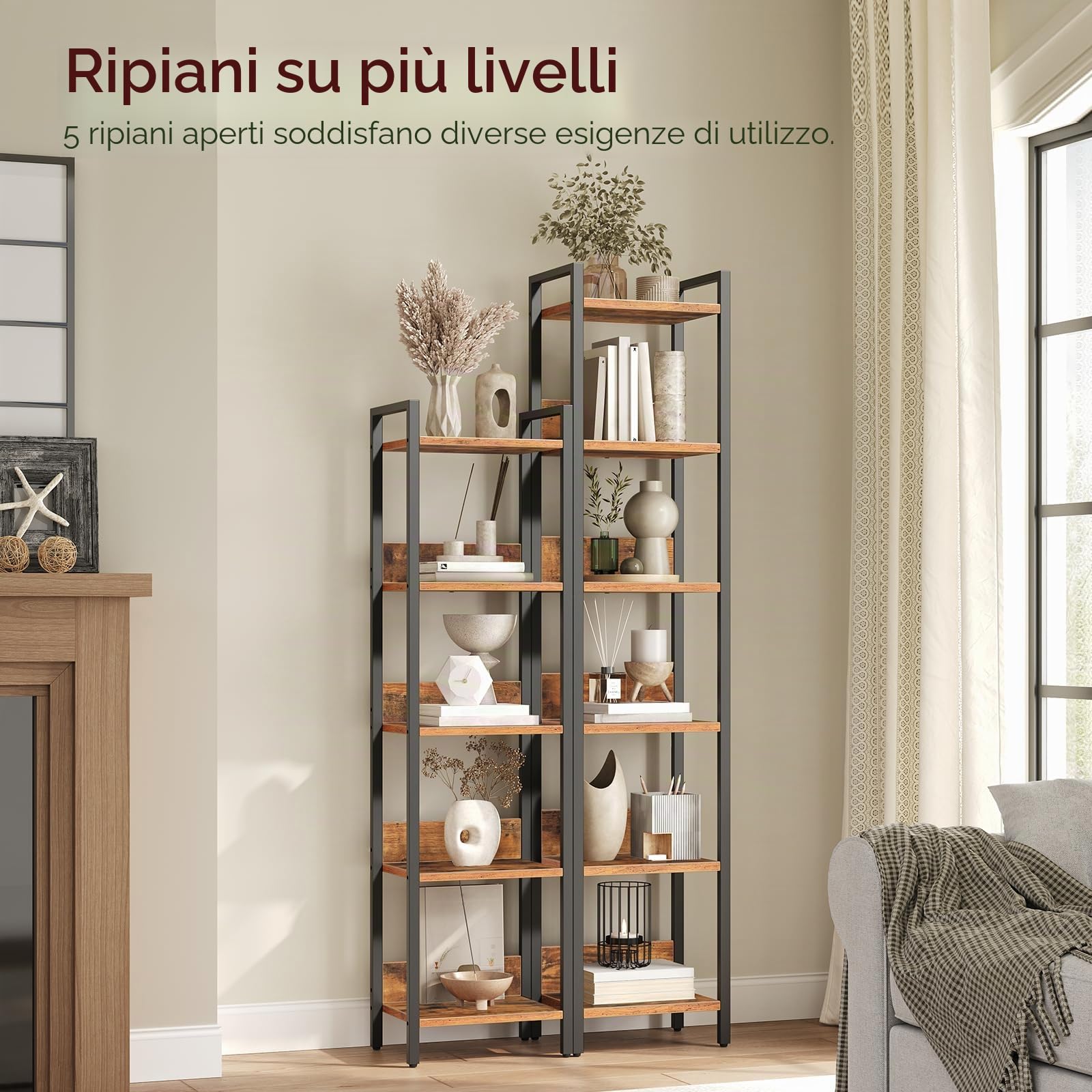 MAHANCRIS Scaffale per libreria, scaffale indipendente, con 5 ripiani, 24 x 33 x 131 cm, ripiani aperti per soggiorno, camera da letto, ufficio, con struttura in metallo, marrone rustico e nero