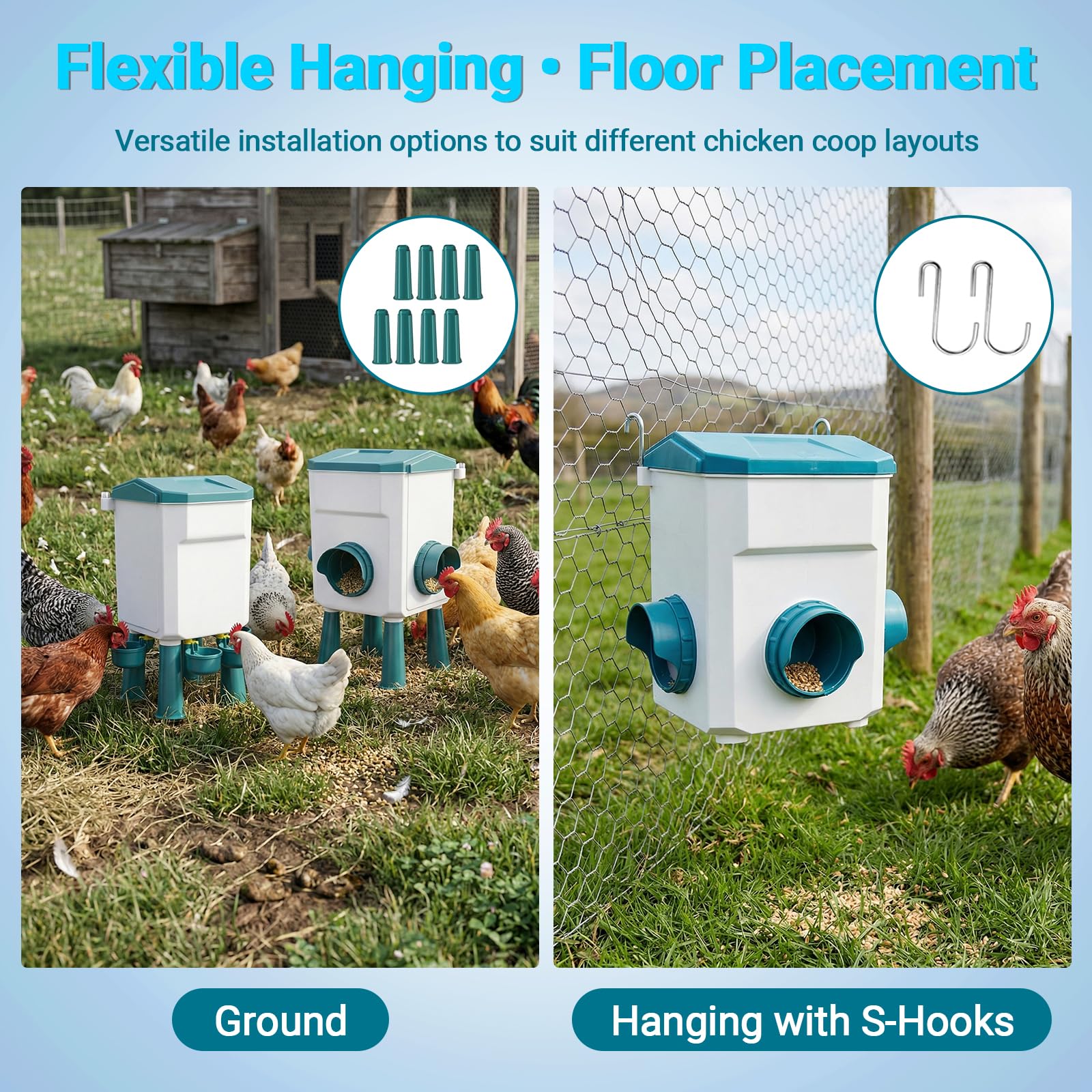 Comedero de pollo de 12 kg y dispensador de agua de pollo de 11 L, comederos y bebedores de pollo con 15 anillos de patas de pollo y ganchos en S, alimentador automático de aves de corral con patas