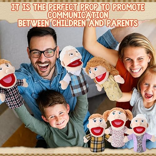 Miniatura 6 de Lenwen Juego de 6 marionetas de mano de la familia de 11.8 pulgadas con boca movible, marionetas de mano de felpa suave para niños y niñas,