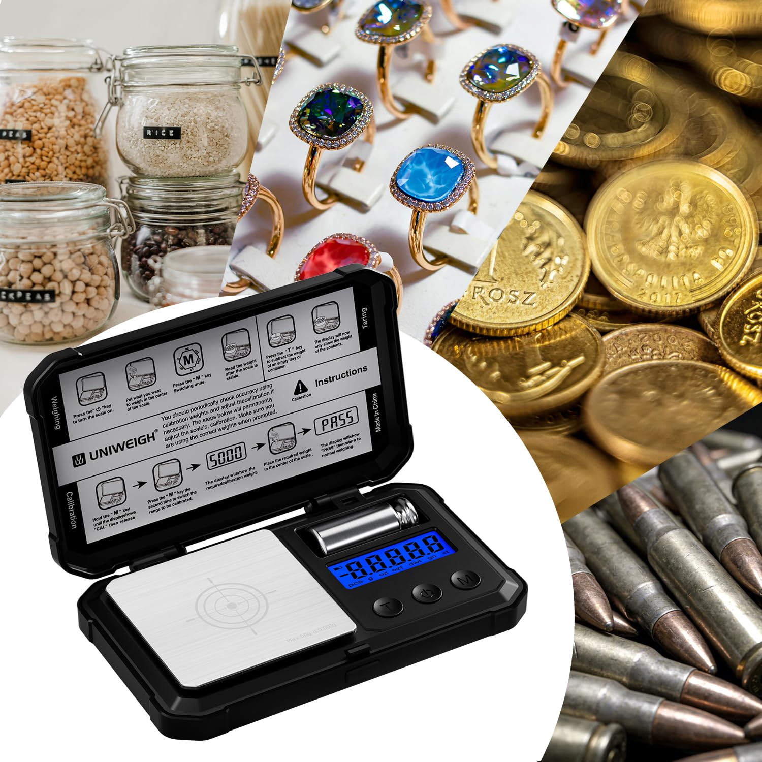 UNIWEIGH Balance de milligramme 50 g/0,001 g numérique de haute précision avec écran LCD/tare, 6 unités de micro-grammes pour poudre médicamenteuse, pièces de monnaie, or, rechargement – Poids Cal