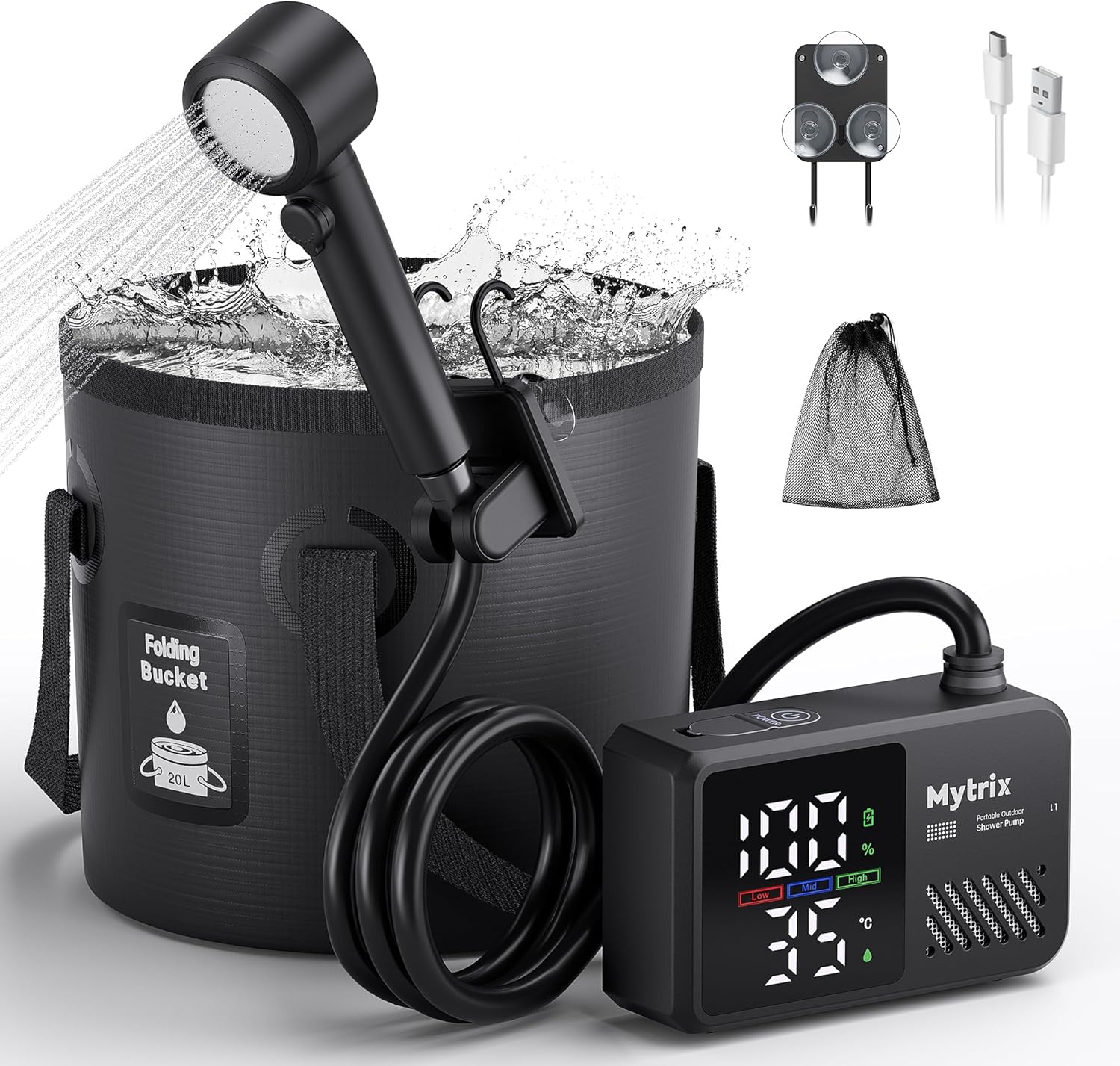 Mytrix Portable Camping Shower Pump with Foldable Bucket, 10L/Min High Flow, 7800mAh Rechargeable Battery, 4 Spray Modes, IPX8 Waterproof Outdoor Shower for Hiking, Travel & Pets