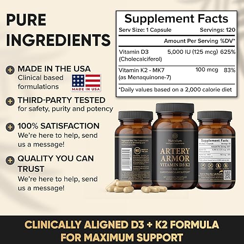 Miniatura 3 de Atery Armor Suplemento de vitamina D3 K2 Cápsulas de alta potencia con 5000 UI D3 y 100 mcg MK-7 K2 - Apoyo para la salud del corazón y los huesos,
