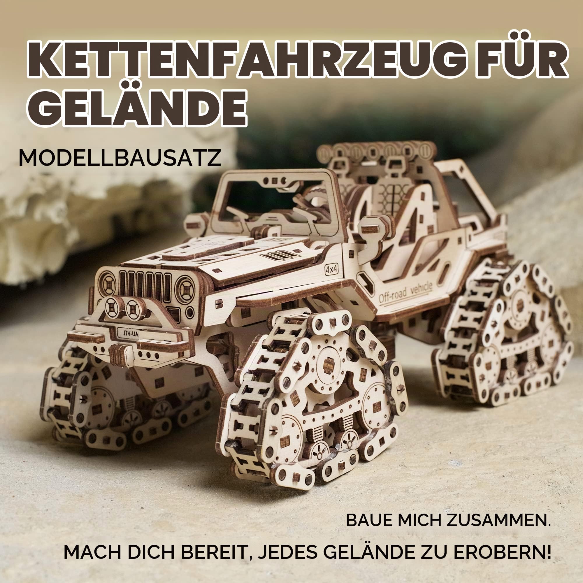 UGEARS Geländefahrzeug mit Kettenantrieb - 3D Holzpuzzle Modellbausatz Auto - 3D Puzzle Automodelle zum Selber Bauen Männer und Fans von Ketten ATV Fahrzeugen