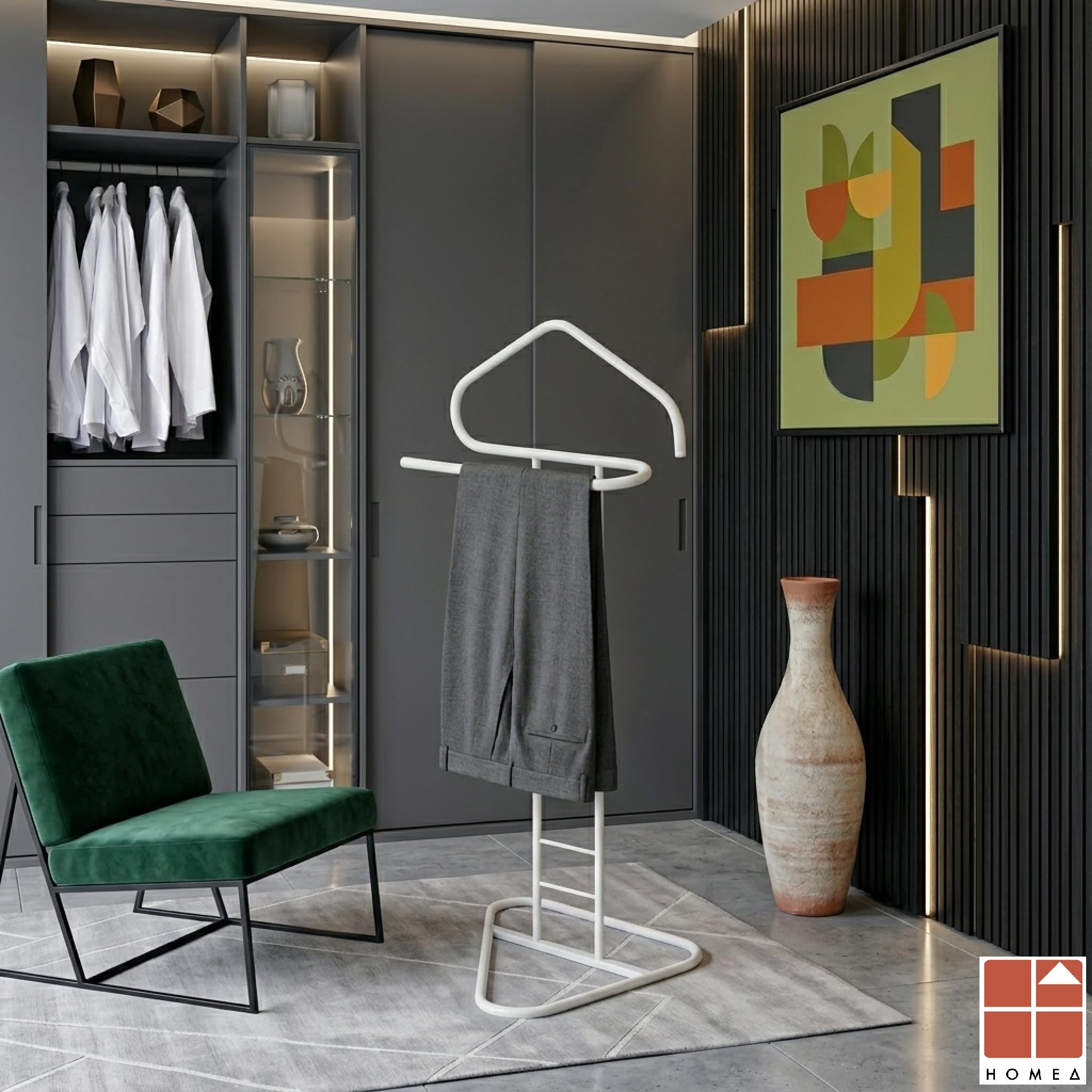 Generico Homea Servo Muto da Camera in Metallo Indossatore Appendiabiti da Terra Salvaspazio - 43,5x36x110,5cm - Omino Porta Abiti con Design Moderno, Stand per Giacche, Pantaloni e Camicie (Bianco)