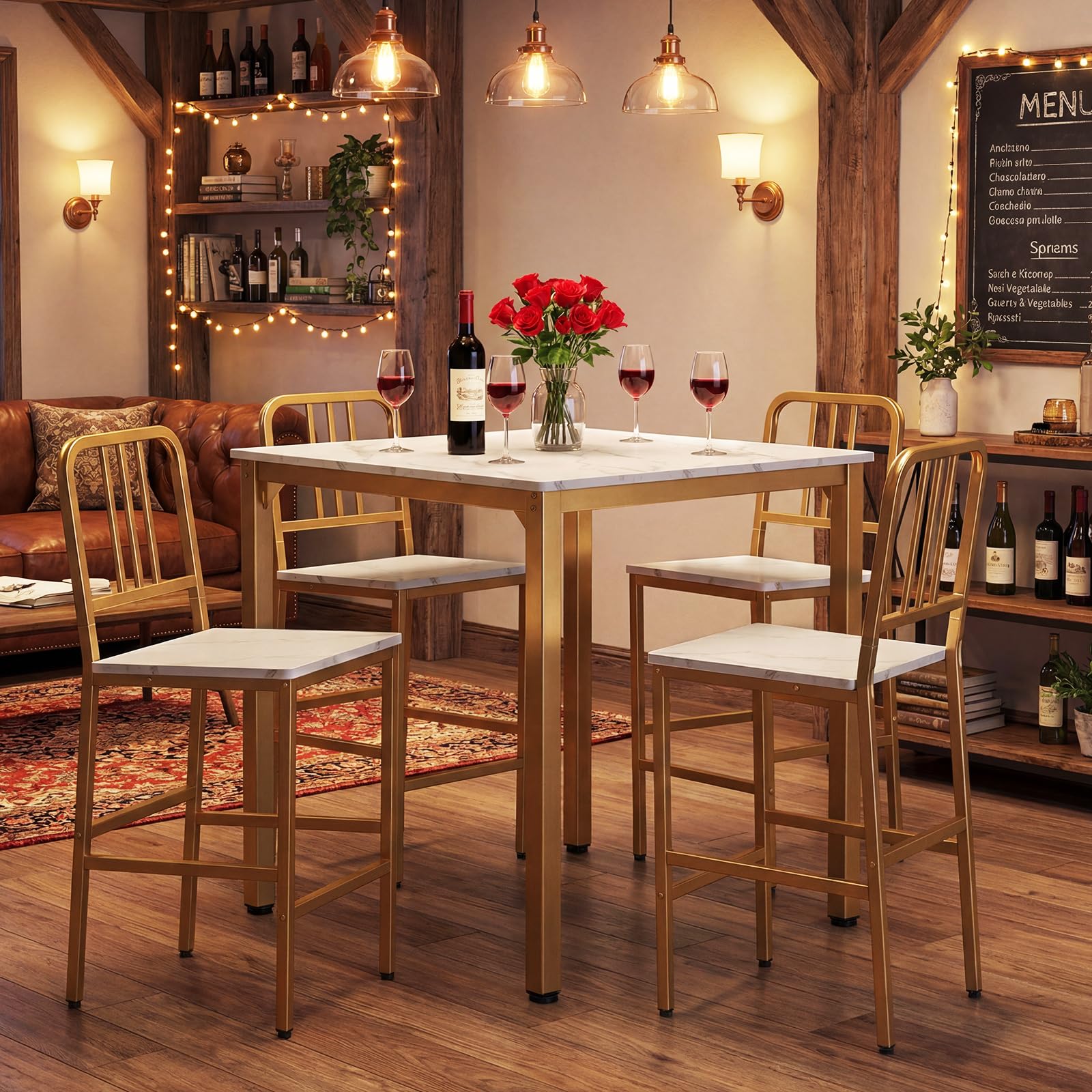 COSTWAY Set da Pranzo per 4 Persone, Set Cucina Bar 5 Pezzi con Superficie in Finto Marmo, Tavolo Quadrato in Legno e 4 Sgabelli Alti per Angolo Colazione e Sala da Pranzo (Bianco)