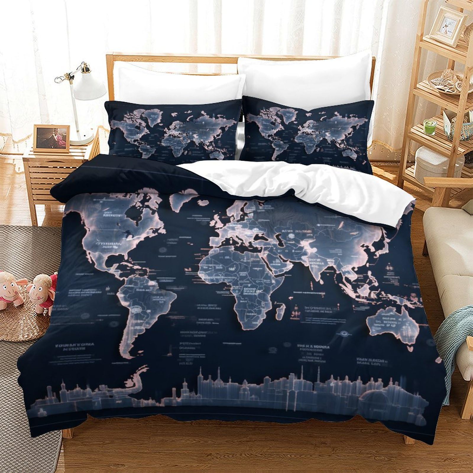 Parure de lit 140x200 microfibre super douce motif carte géographique 3D