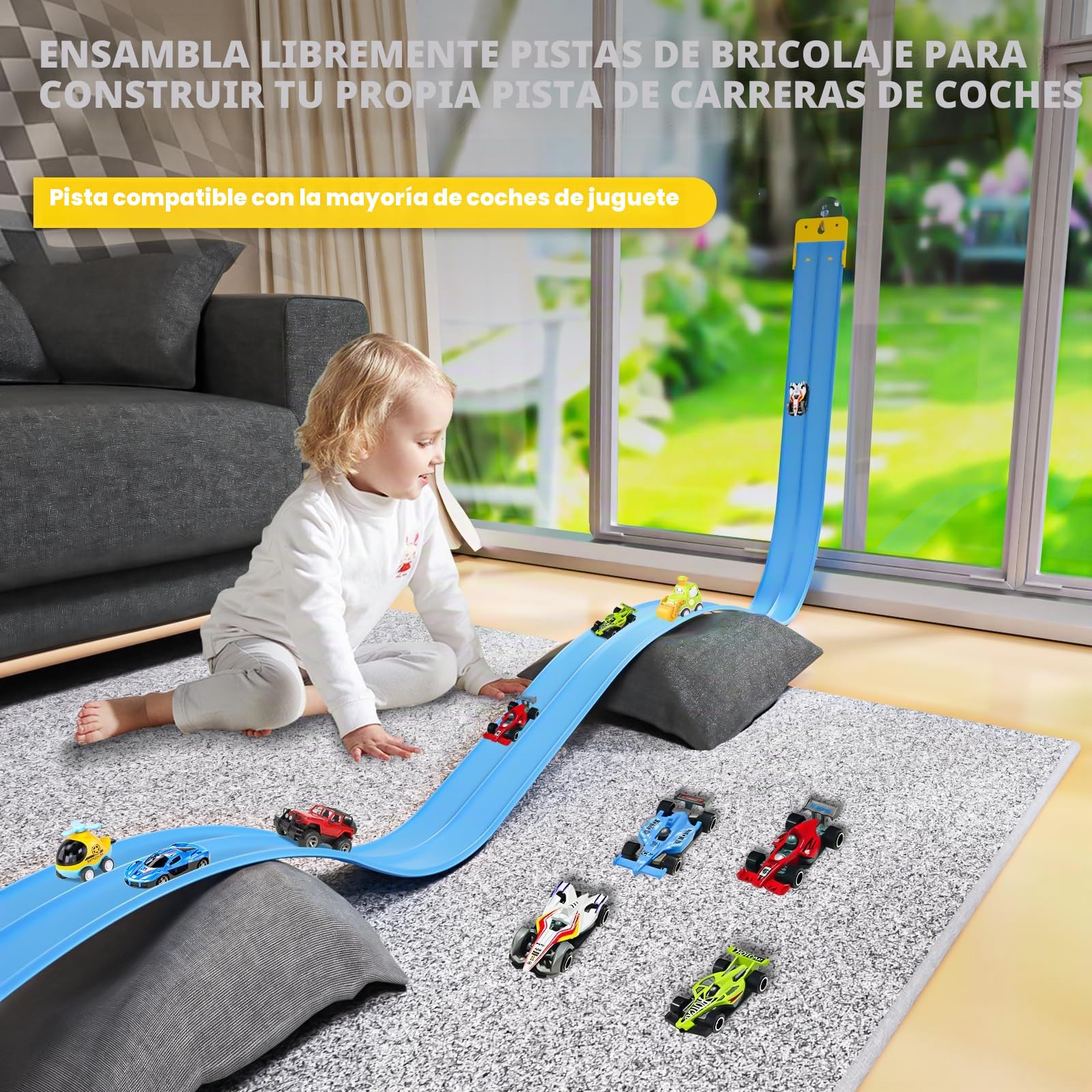 Doloowee Pista de carreras de 3,9 m, pista de carreras flexible con ventosas, autopista DIY con 4 coches, juguete para niños a partir de 3 años