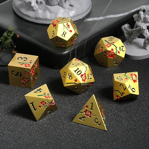 Miniatura 4 de DNDND Dados metálicos de flores, 7 dados metálicos DND con caja de regalo para juego de mesa D&D Dungeons and Dragon (flores rojas con dorado)
