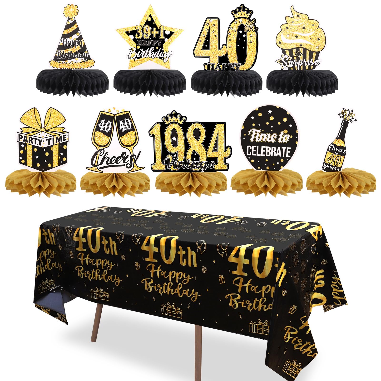 Radsocken 9 Pcs 40th Birthday Table Decorations, Black and Gold Honeycomb Centerpieces with Table Cloth, Vintage Happy Birthday Table Toppers Decor Supplies for Men Women 1984 Birthday Party