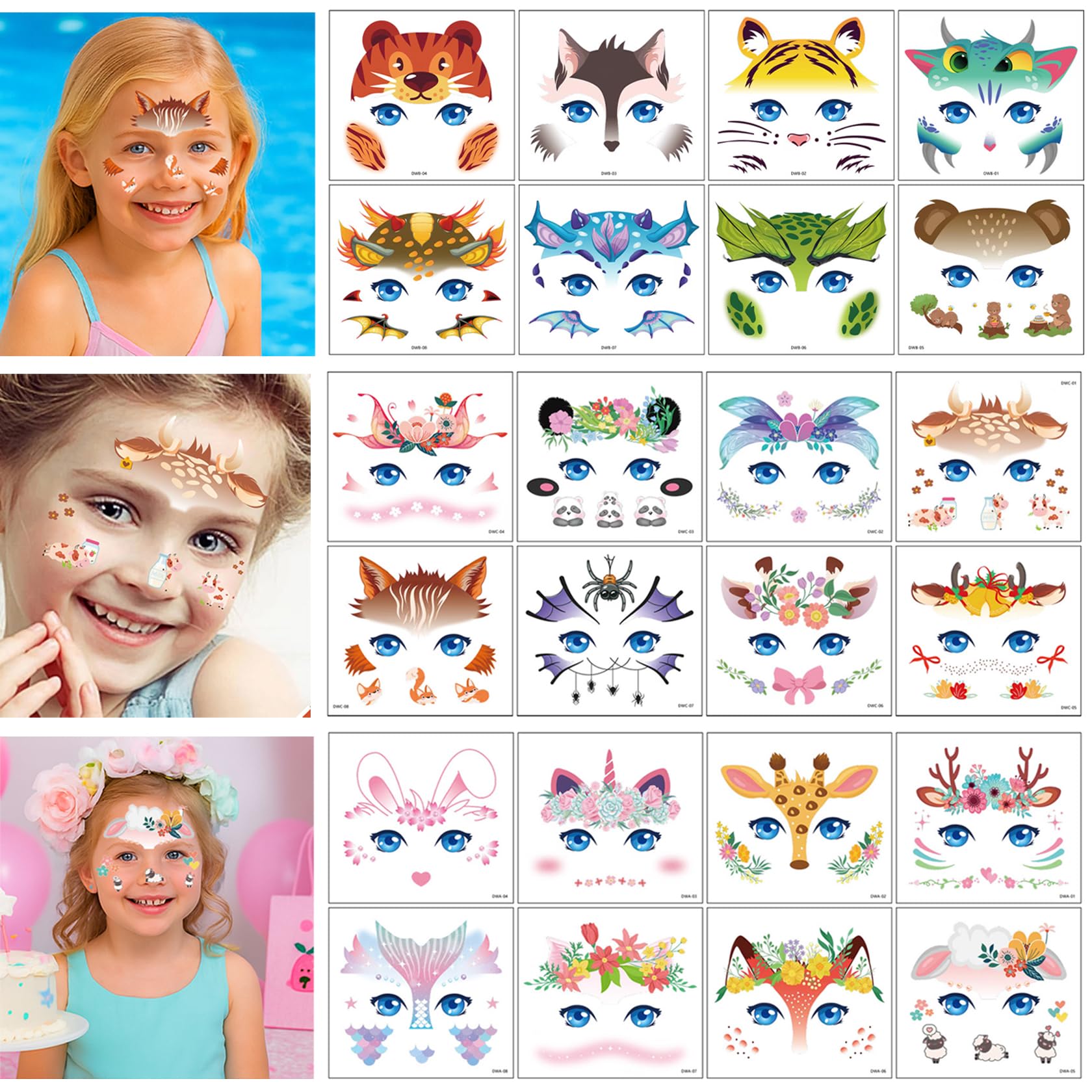 24 Sheets Animal Floral Face Glitter Tattoos Set