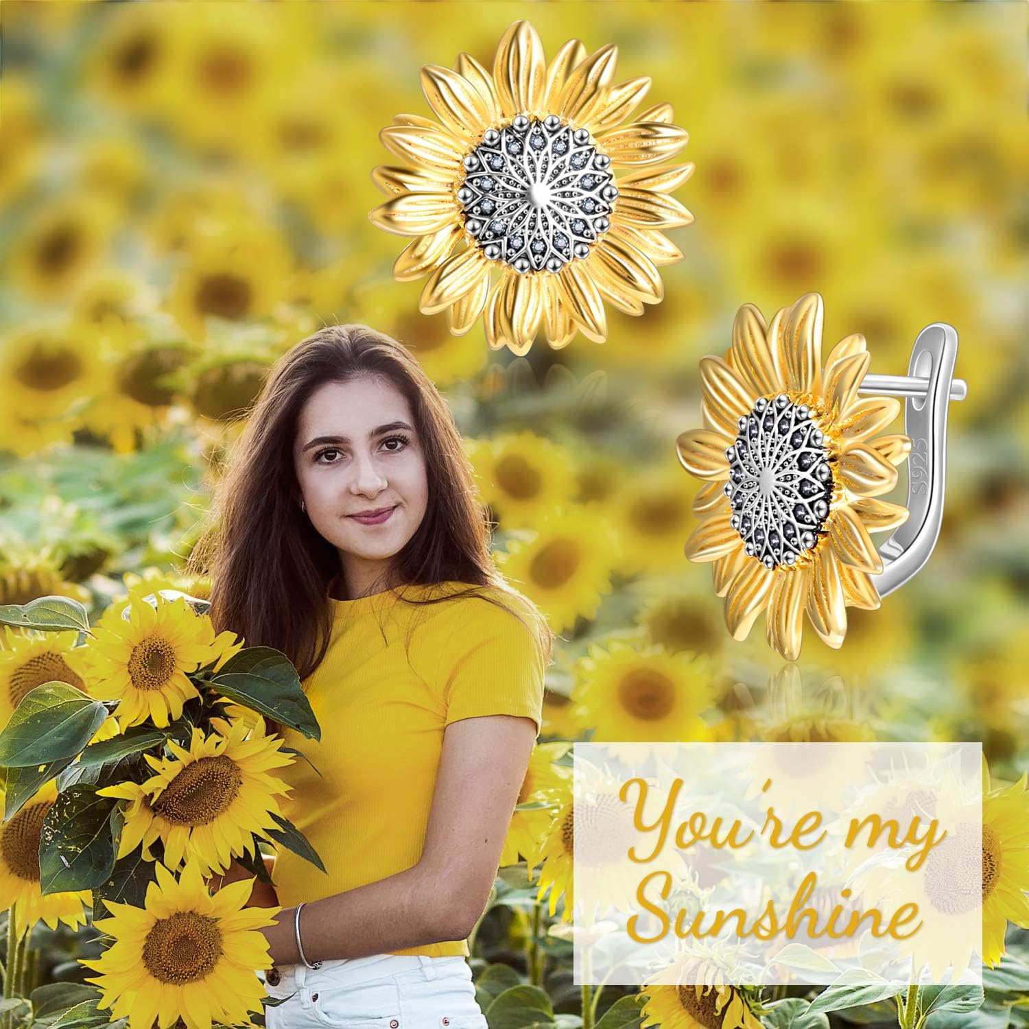 Sunflower Earrings for Women 925 Sterling Silver Hoop Earrings You Are My Sunshine Jewelry Birthday Gifts for Her - Image 2