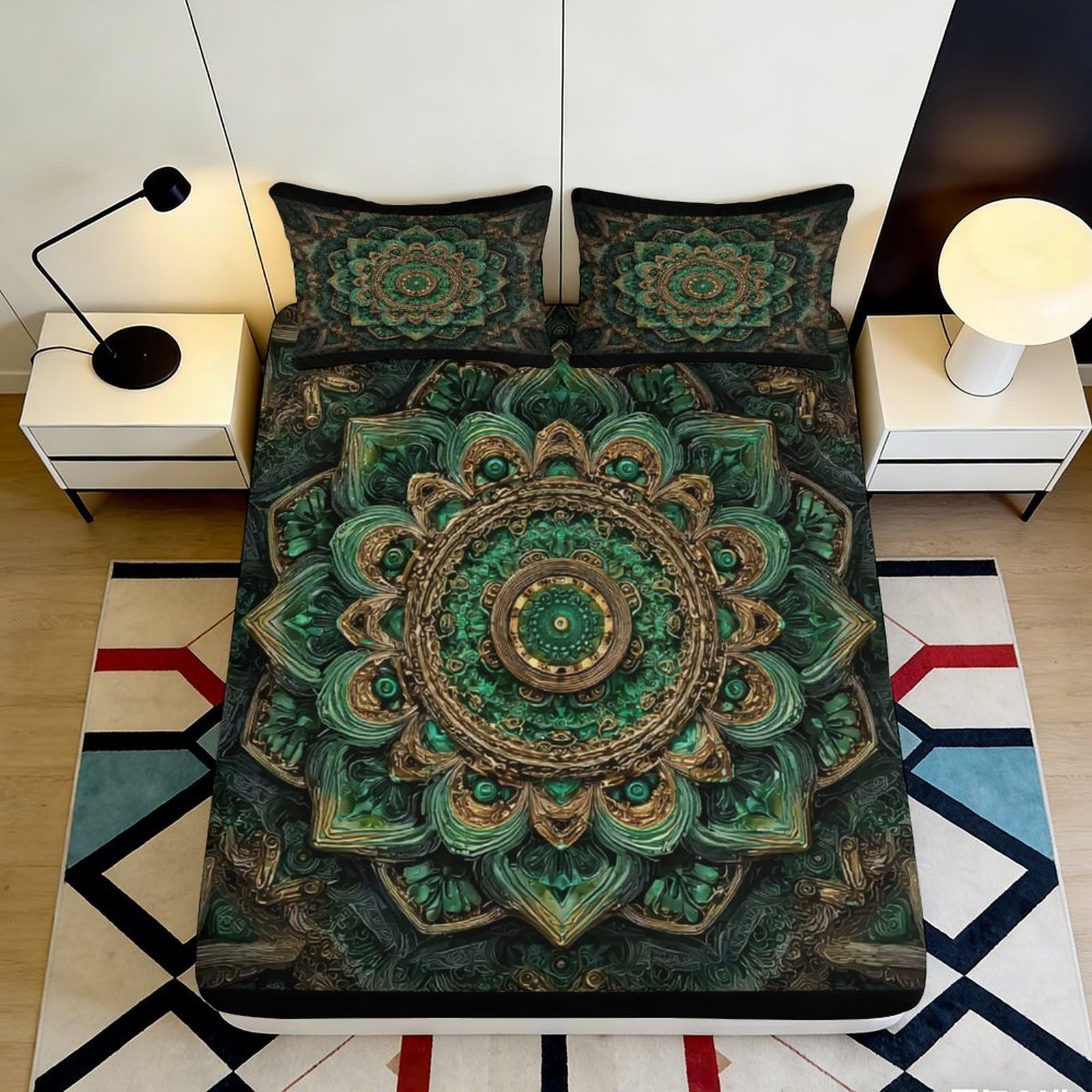 3D Printed Mandala Floral Fitted Sheet Microfiber Soft Breathable Ornate Pattern Bed Sheet for Bedroom Dormitory Guest Room Mattress Protection Decor 90x200x25cm