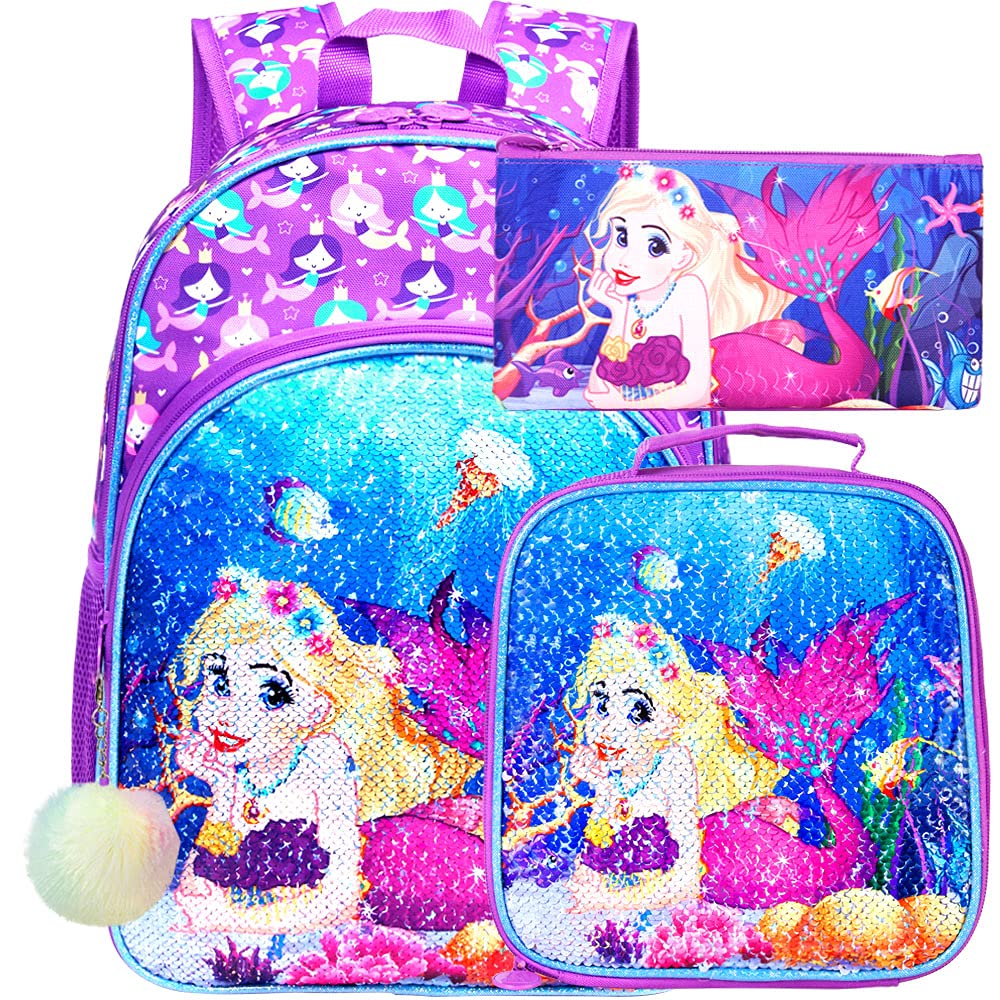 UFNDC 3PCS Backpack for Girls with Lunch Box,16”Kids Sequin Bookbag with Lunch Box, School Bag for Elementary Toddler
