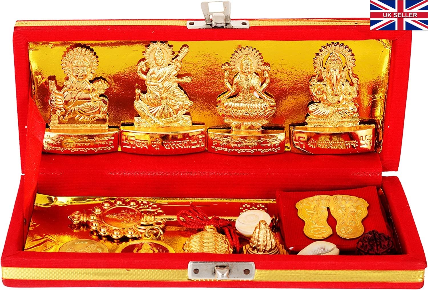 Shri Kuber Dhan Laxmi Varsha Yantra statue wealth pooja kit coin charan diwali, Gold