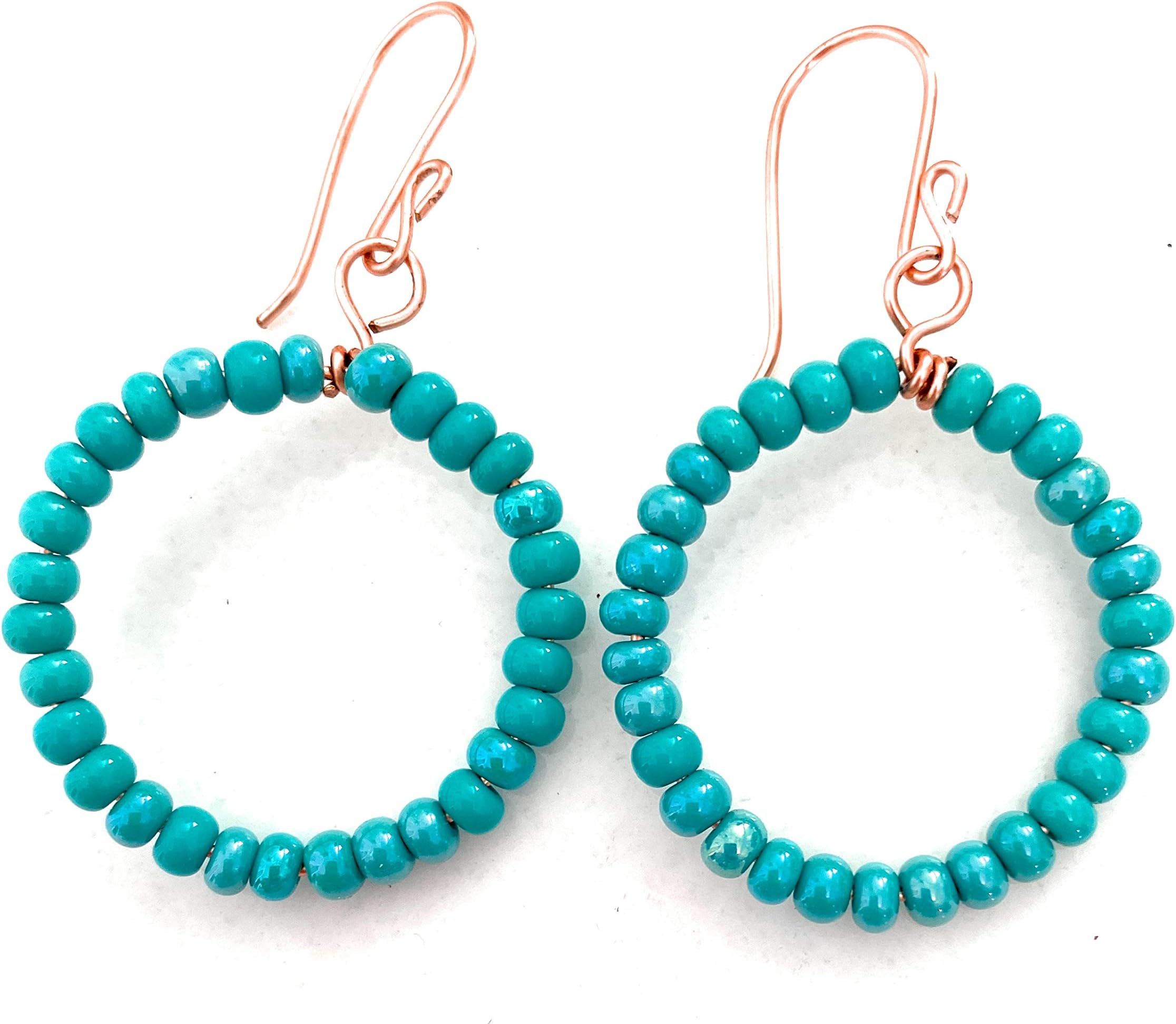 Handmade Beaded Blue Hoop Earrings Copper Wire Wrapped