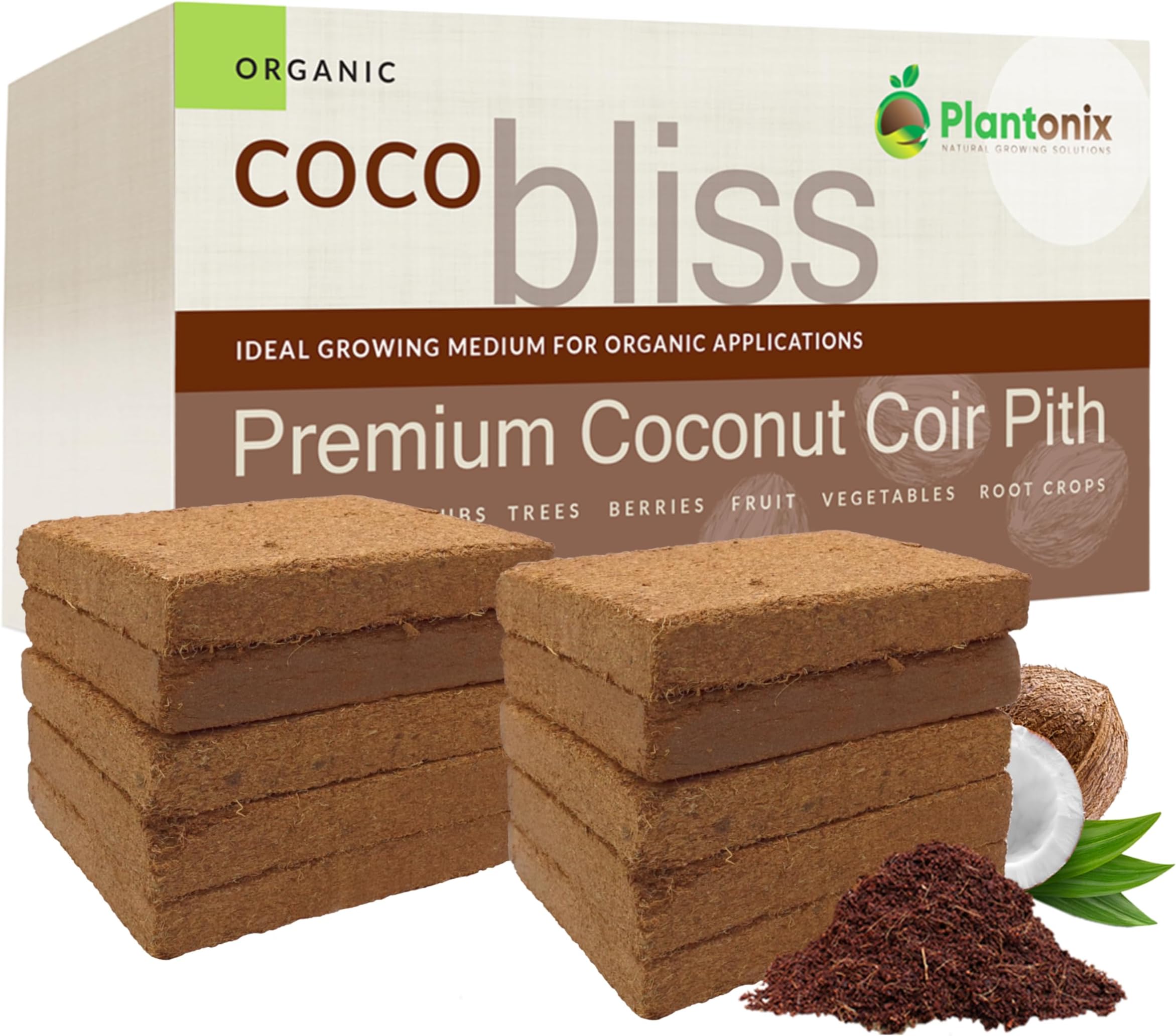 Coco Bliss - Premium Coconut Coir Pith with Low EC and pH - 100% Organic and OMRI Listed Potting Soil Substrate for Plants, Seeds, and Gardens (250 Grams, 10 Bricks)