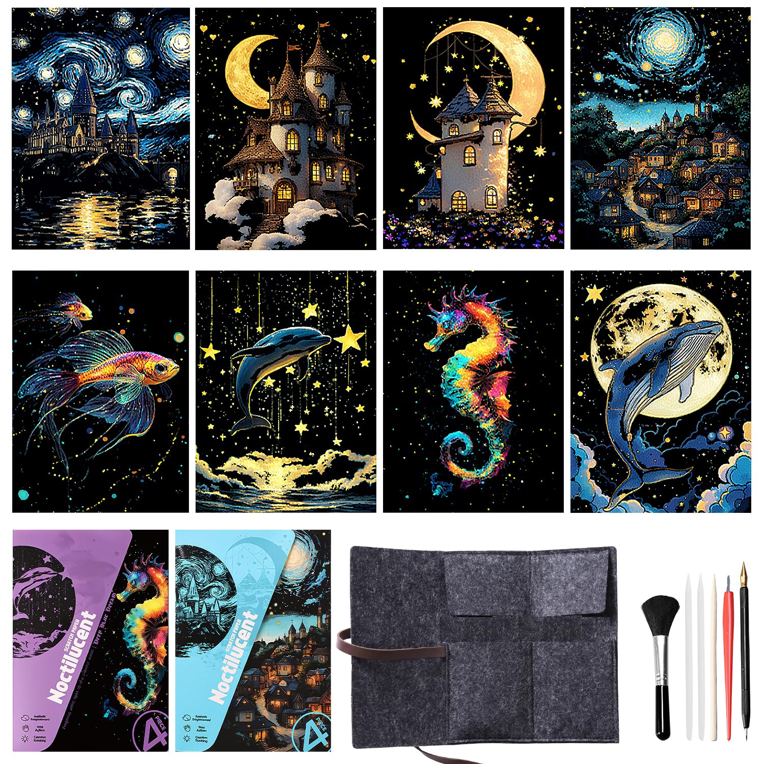 Scratch Art Kit for Kids and Adults - 8-Piece Luminous Rainbow Scratch Notes with Styluses, Ocean & Night Sky Designs, Creative Art Supplies Craft Set