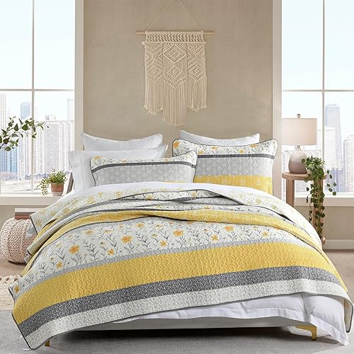 Miniatura 3 de PANGUSHAN Juego de edredón de 100 % algodón, tamaño King, juego de ropa de cama tamaño King, reversible, floral, color amarillo, colcha acolchada,