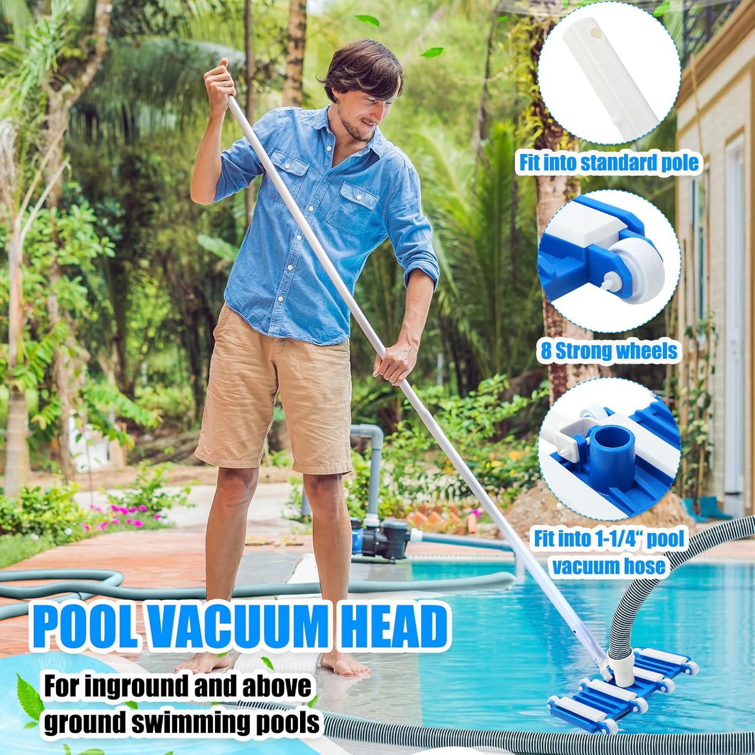 Pool Vacuum Kit Swimming Pool Vacuum Head With 1-1/2" x 30ft Pool Vacuum Hoses Flexible Pool Vacuum Head with Wheels And 14 '' Pool brush for Inground Pool Cleaning