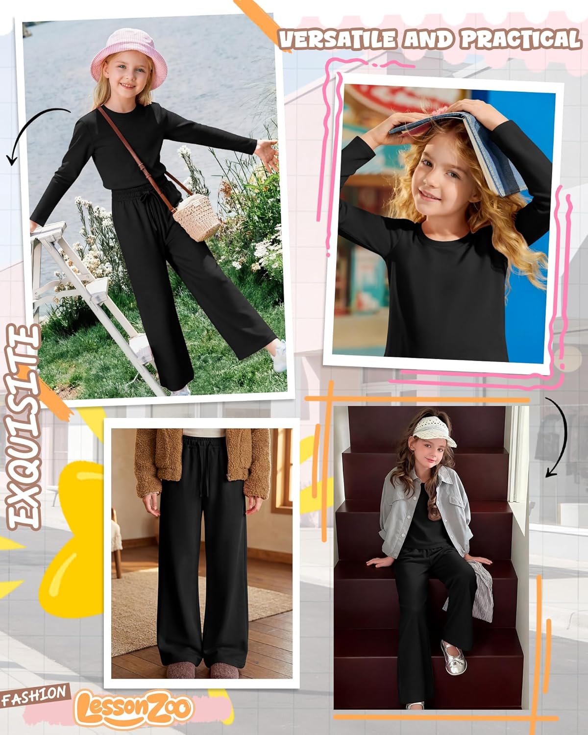 Girls 2 Piece Casual Sets Long Sleeve Crew Neck Top Straight Pants Outfits Drawstring Kids Stylish Clothing - Image 2