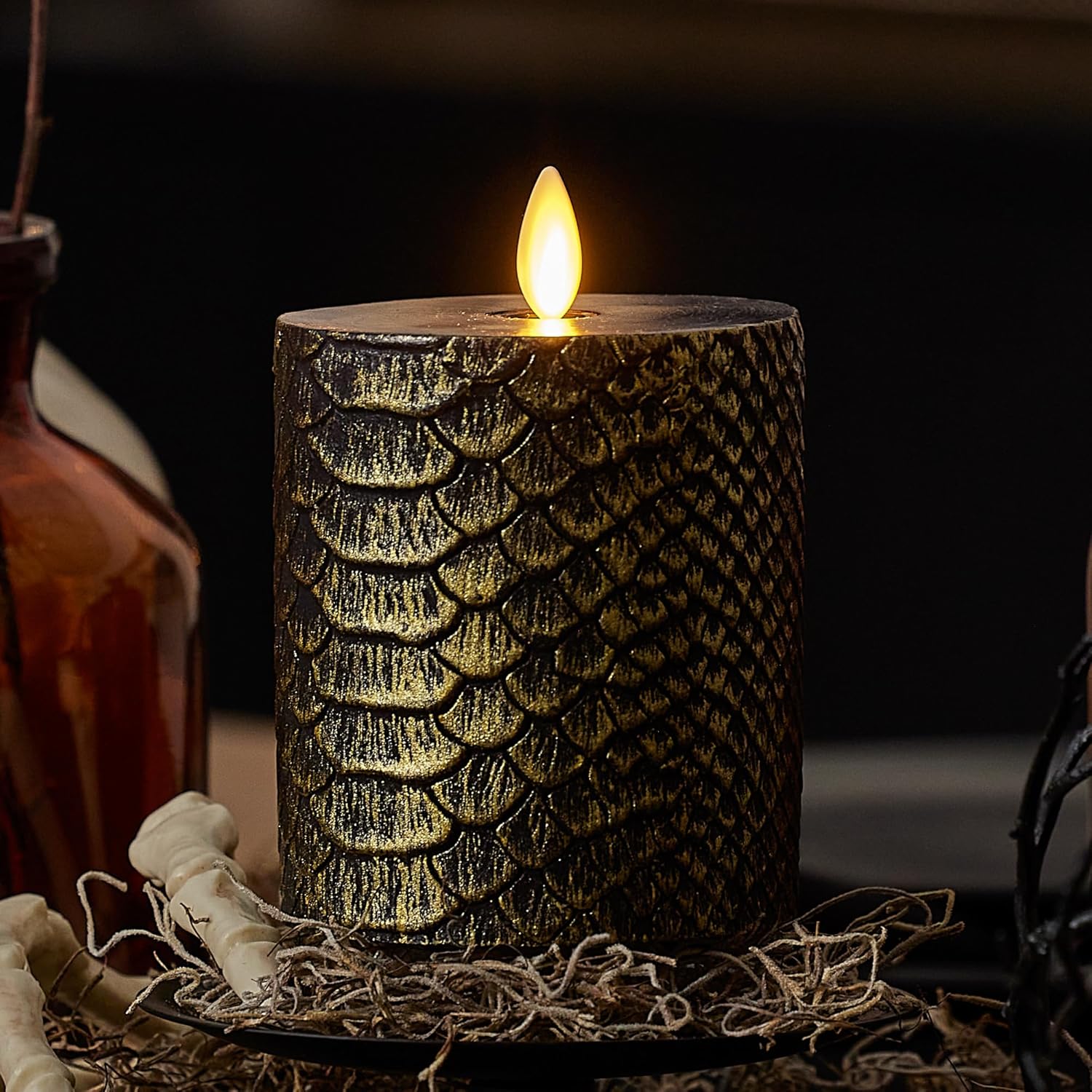 Luminara Snake Pattern Flameless LED Candle, Black & Gold 3" x 4.5", Moving Flame Pillar, Battery Operated Timer Real Wax Halloween Gothic Home Decor